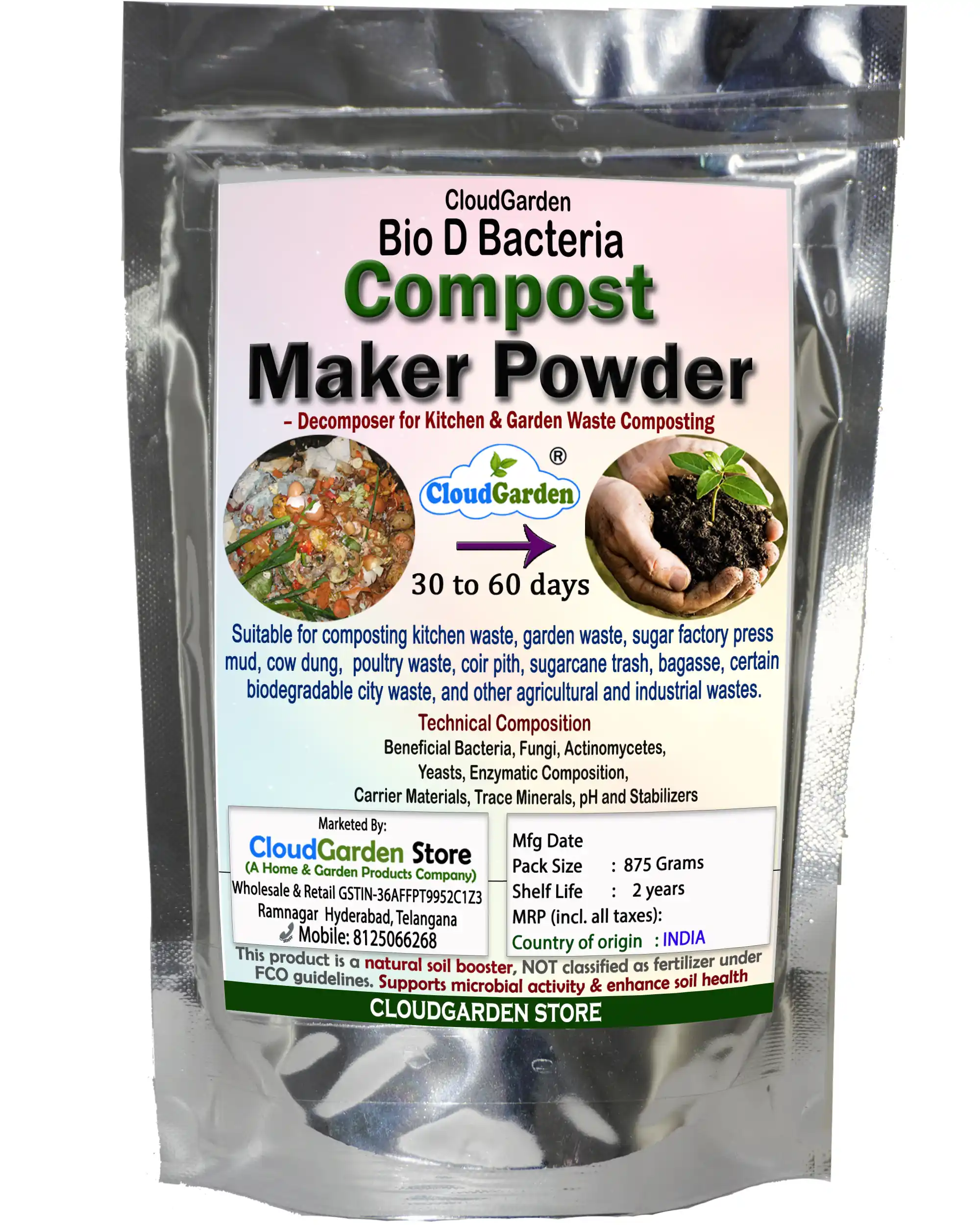 CloudGarden bio waste decomposer compost maker powder 875g pack for kitchen and garden waste