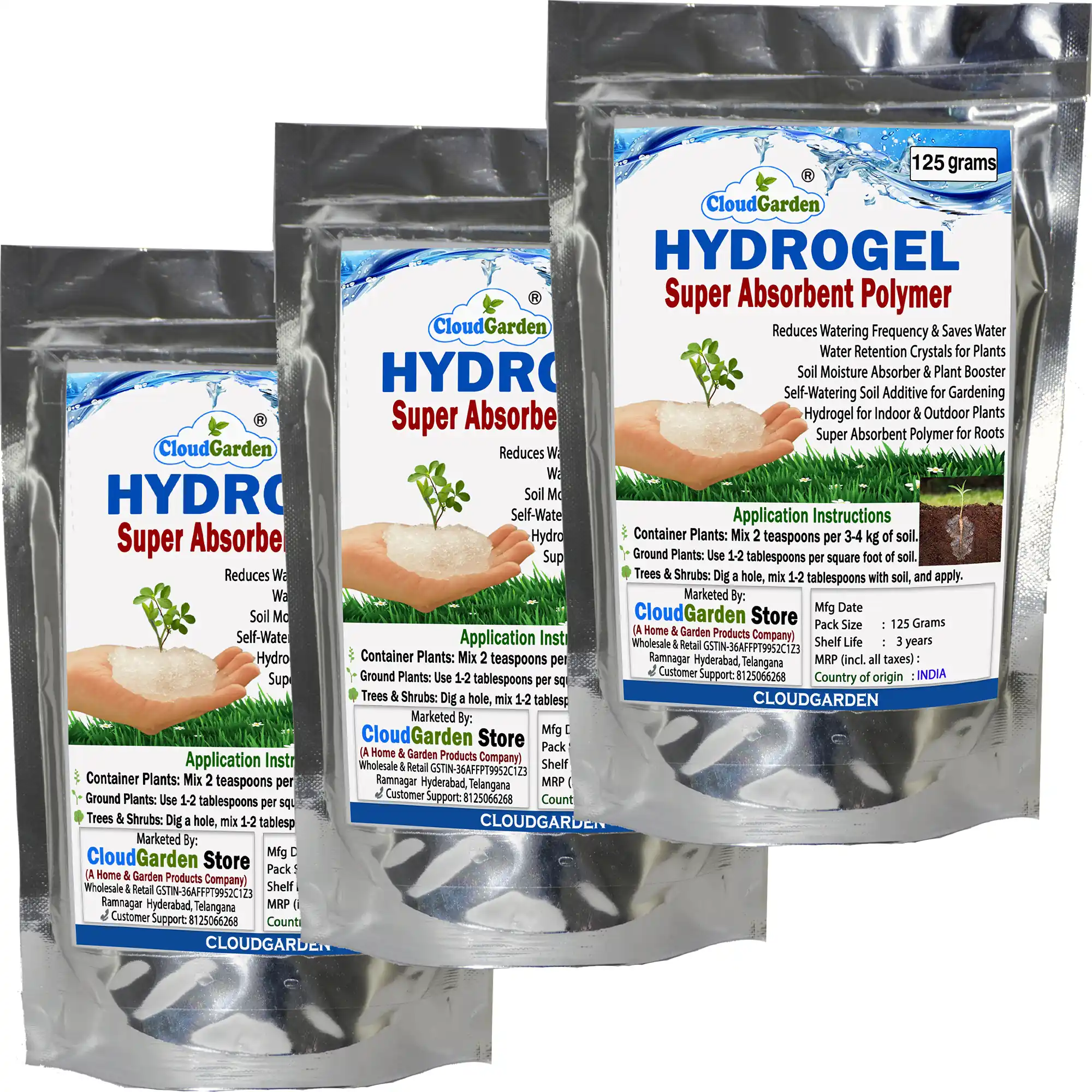 Soil moisture retaining hydrogel value pack 375g with three 125g packs for gardening use