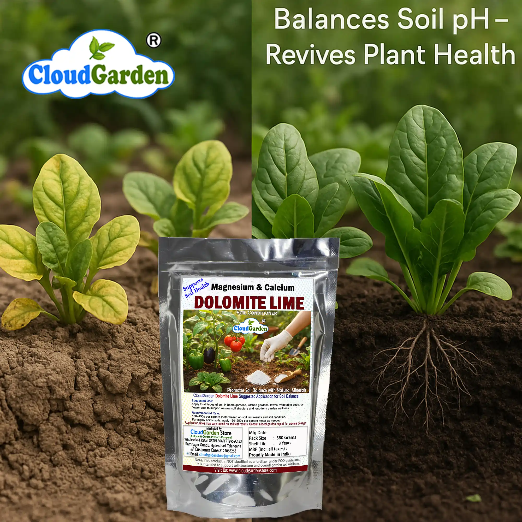 Soil balance concept showing dolomite powder 760g as a garden soil conditioner powder for healthier plant growth