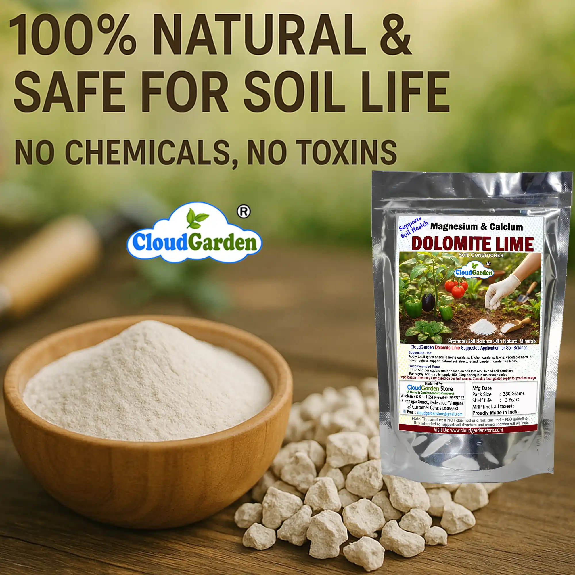 Close-up of dolomite powder 380g used as a soil pH balancer for plants in gardening and compost applications