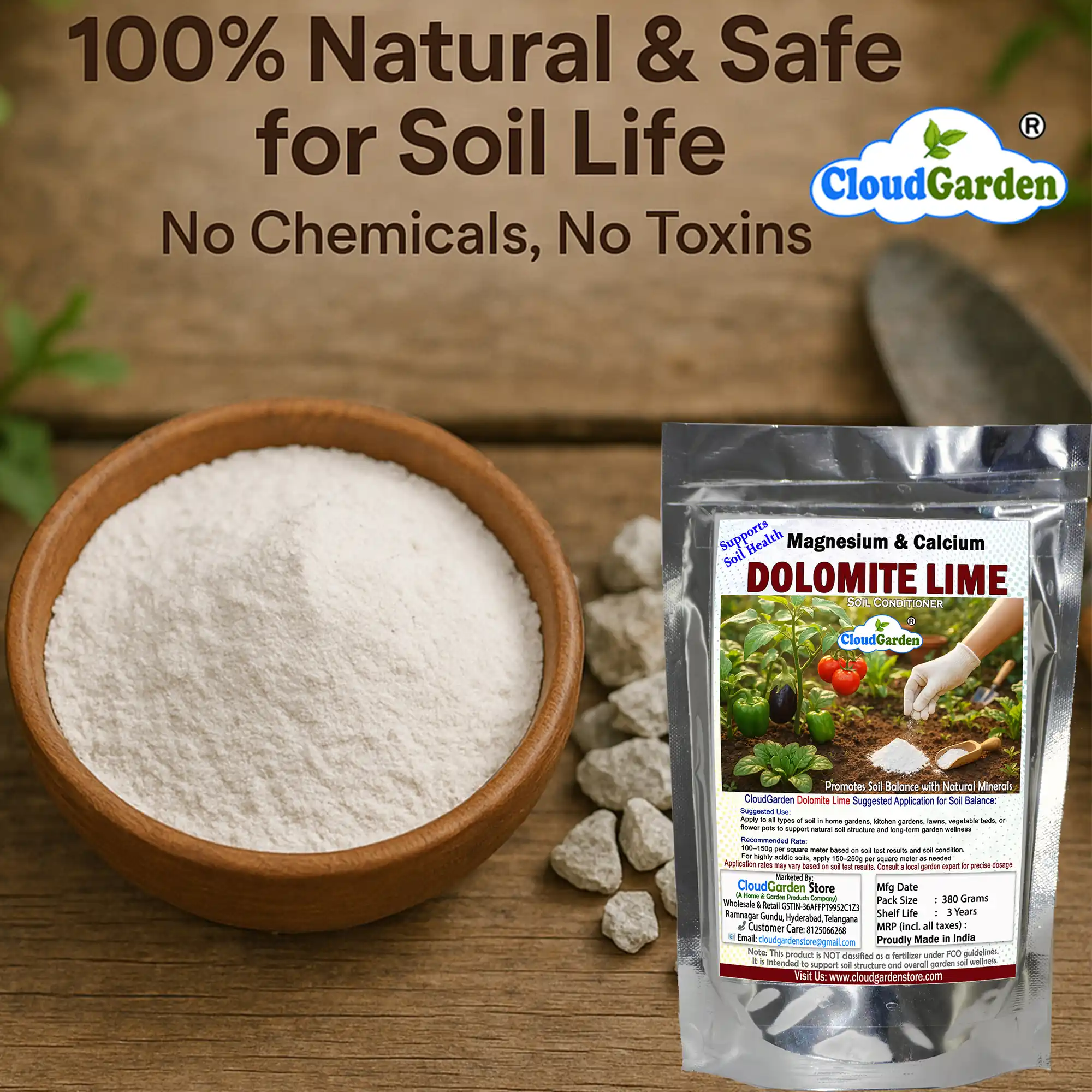 Close-up of dolomite powder 760g used as garden soil conditioner powder for pots, planters, and compost use