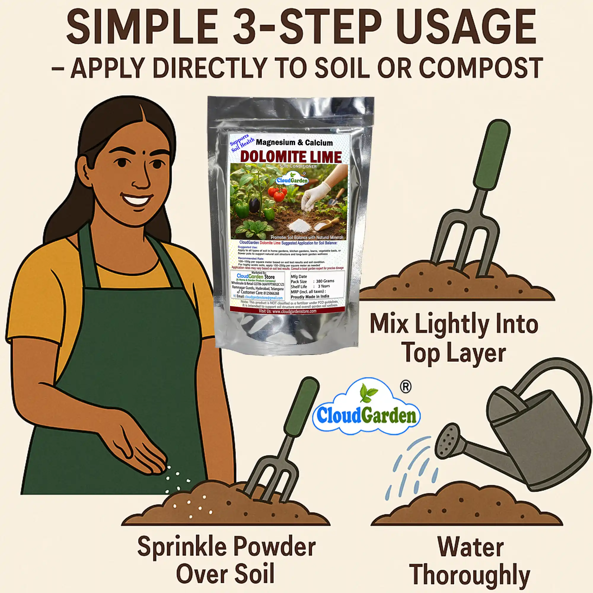 Step-by-step usage of dolomite powder 760g garden soil conditioner powder applied to soil and pots