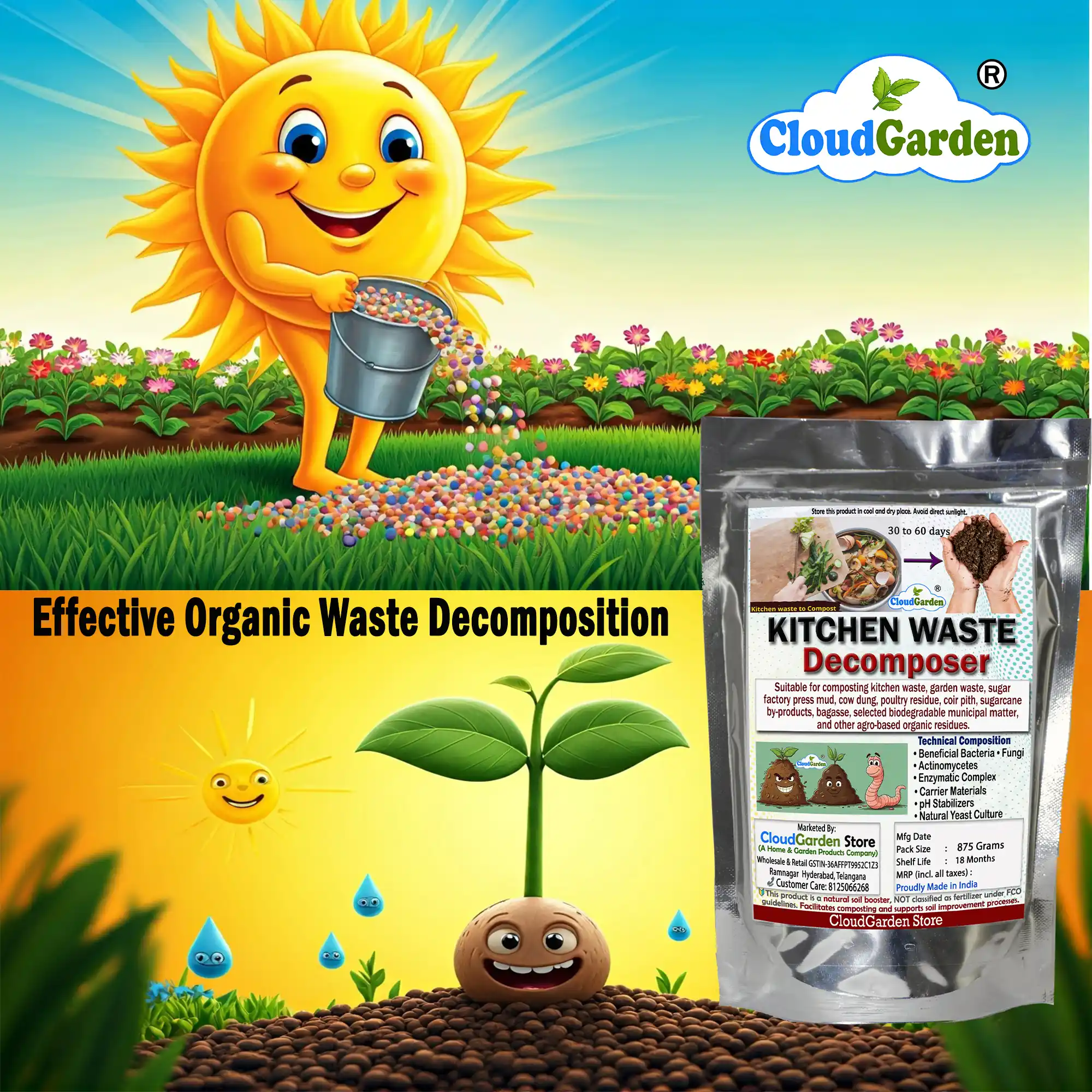 Kitchen compost decomposer 875g converting organic waste to compost