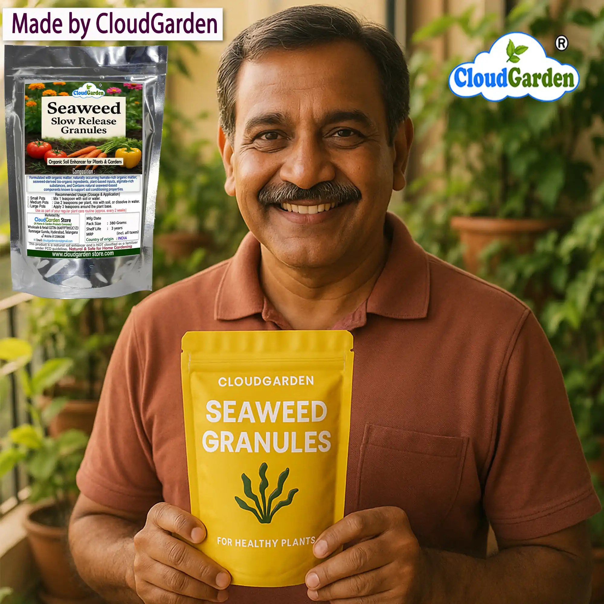 Seaweed granules for plants 380g close-up view of granule texture