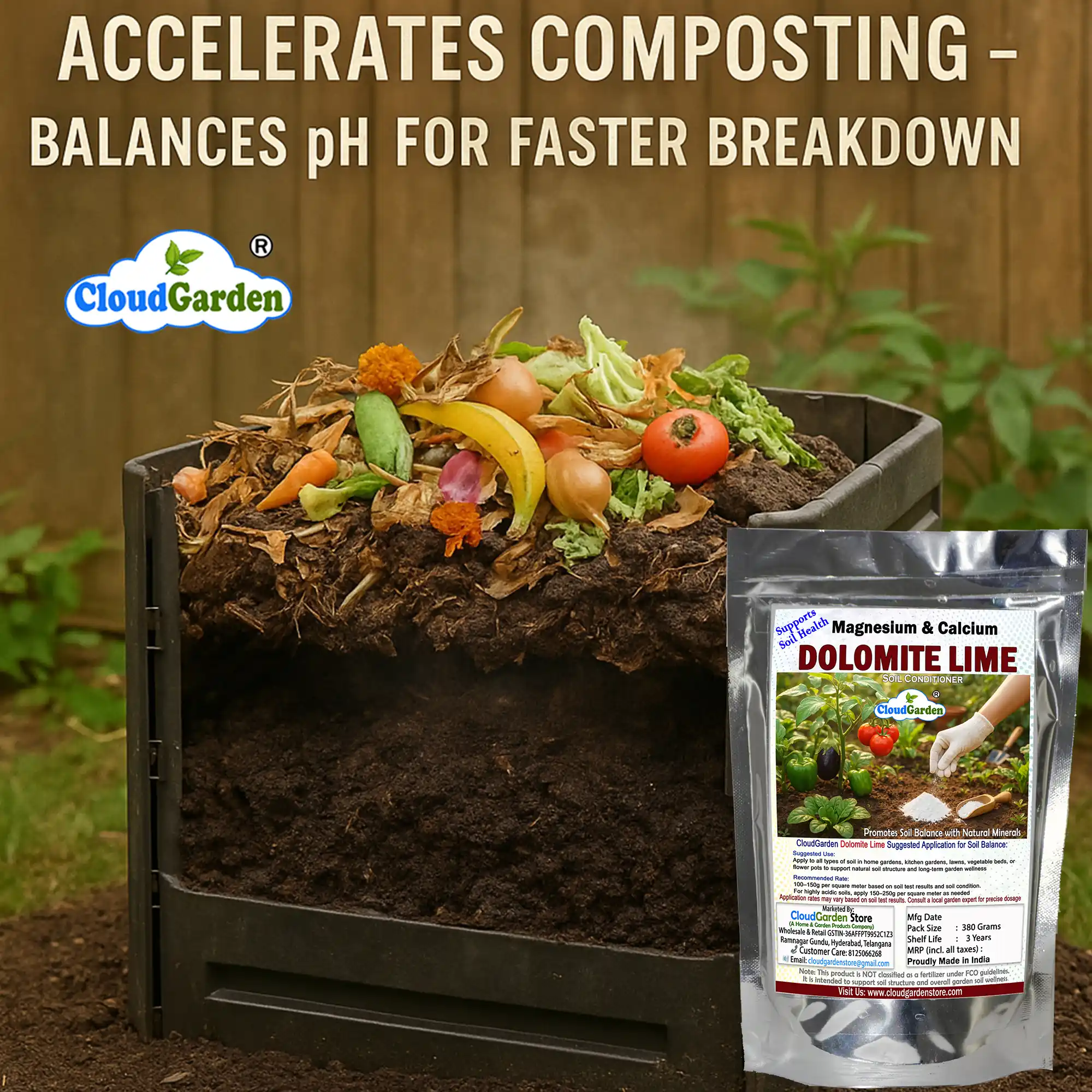 Dolomite powder 380g used as a soil pH balancer for plants and compost to support balanced decomposition