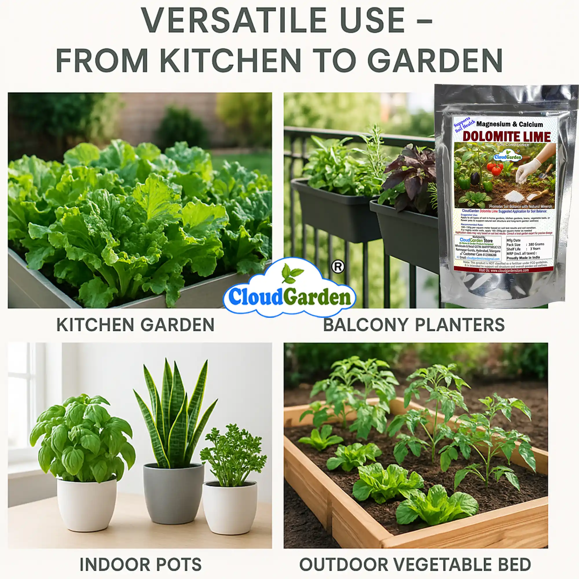 Dolomite powder 380g soil pH balancer for plants used in kitchen gardens, pots, balcony planters, and outdoor beds