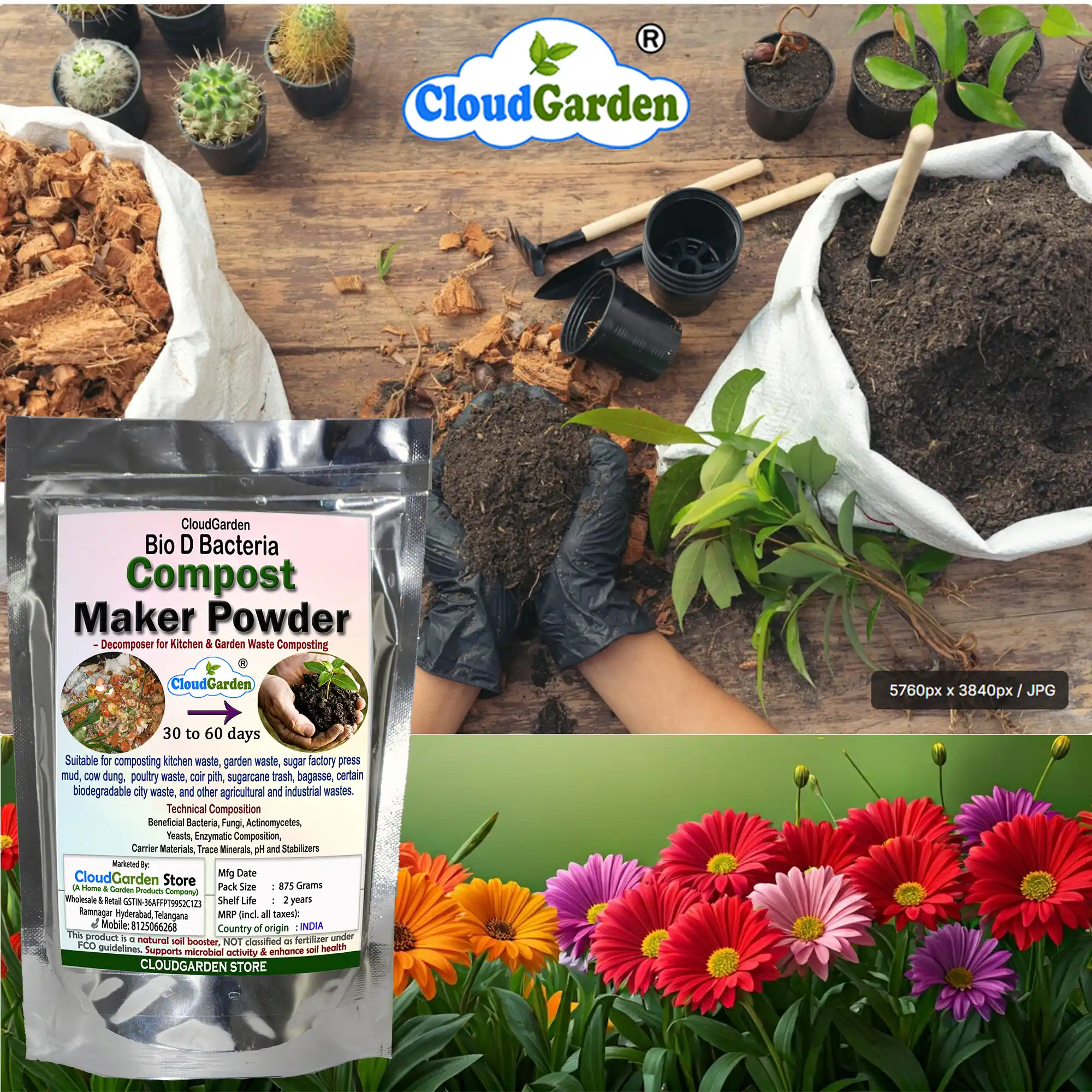 Bio waste decomposer compost used for garden soil and plant growth