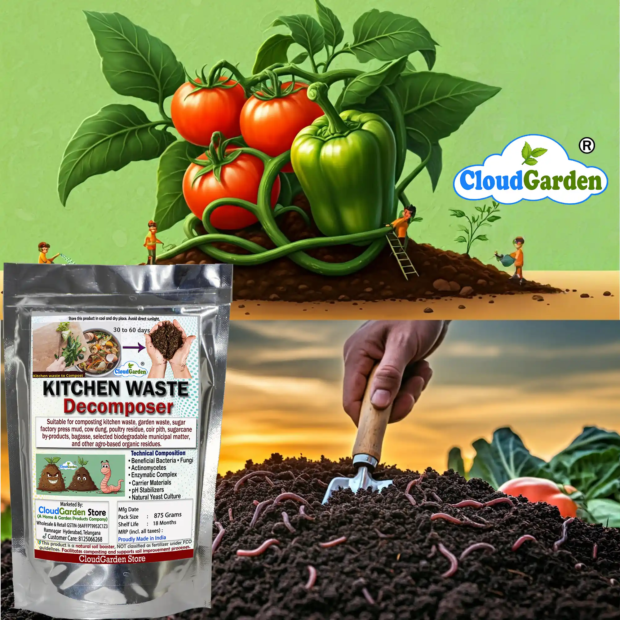 Kitchen compost decomposer 875g pack label view