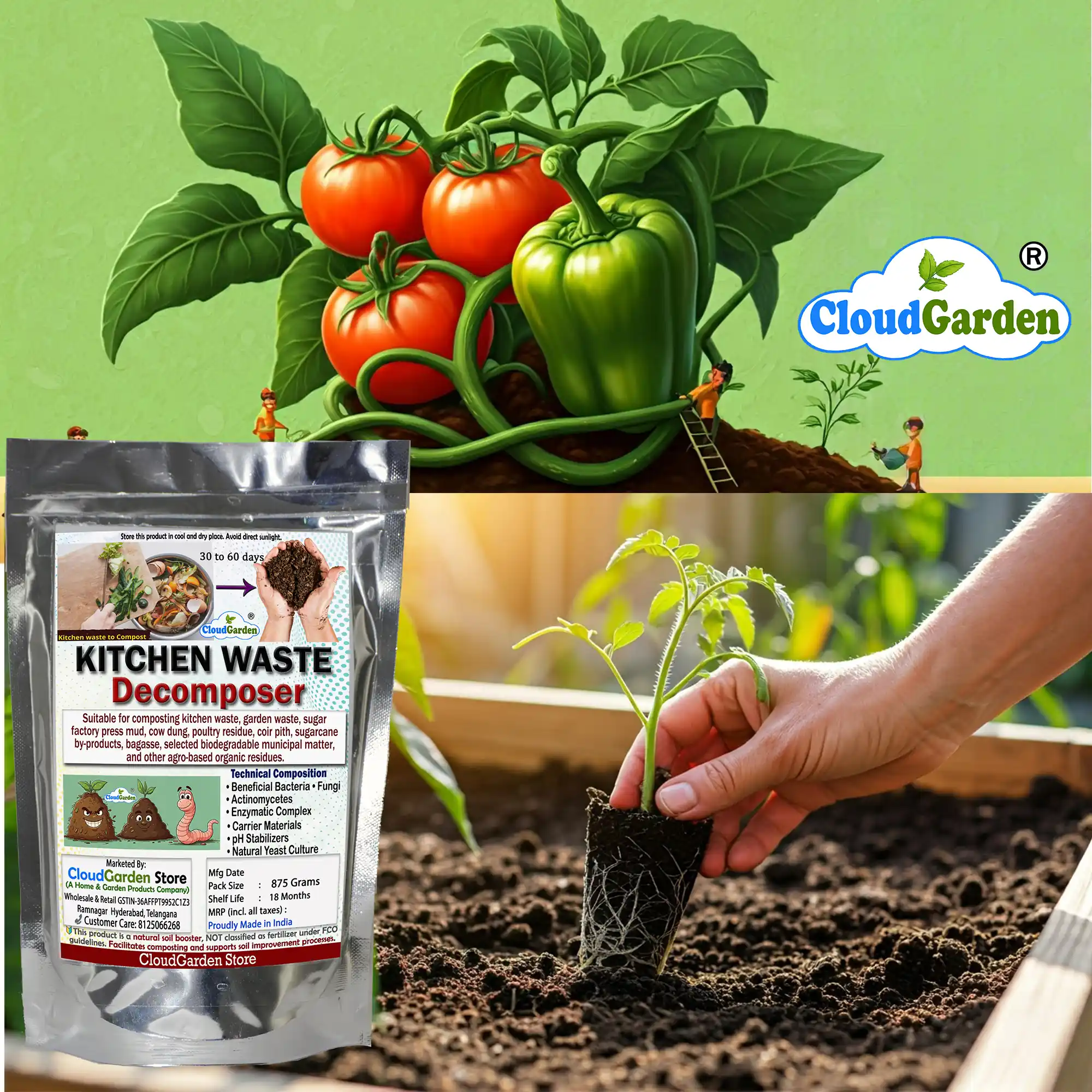 Kitchen waste compost powder pack held by home gardener