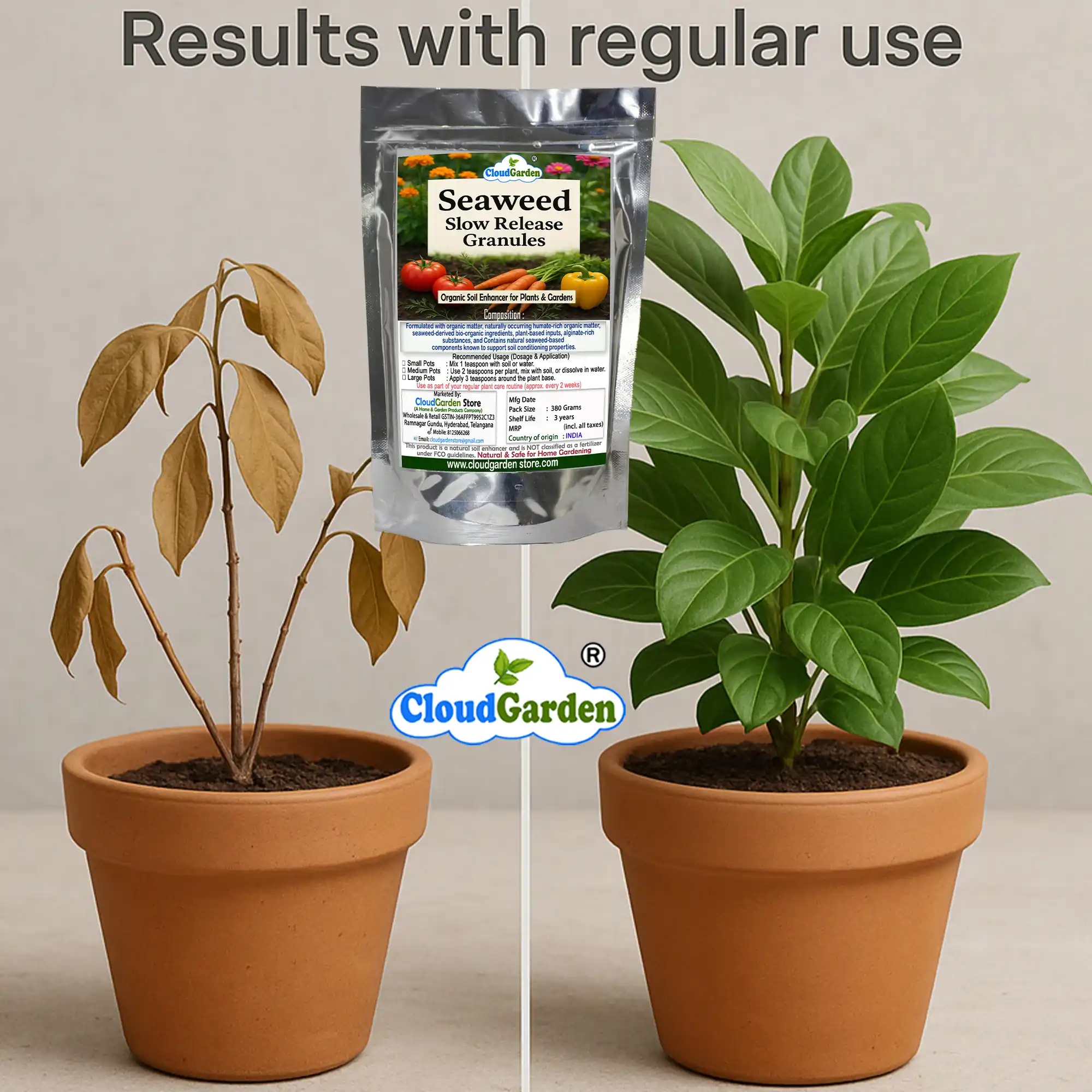 Seaweed granules for home gardening 380g x 2 usage and pack details