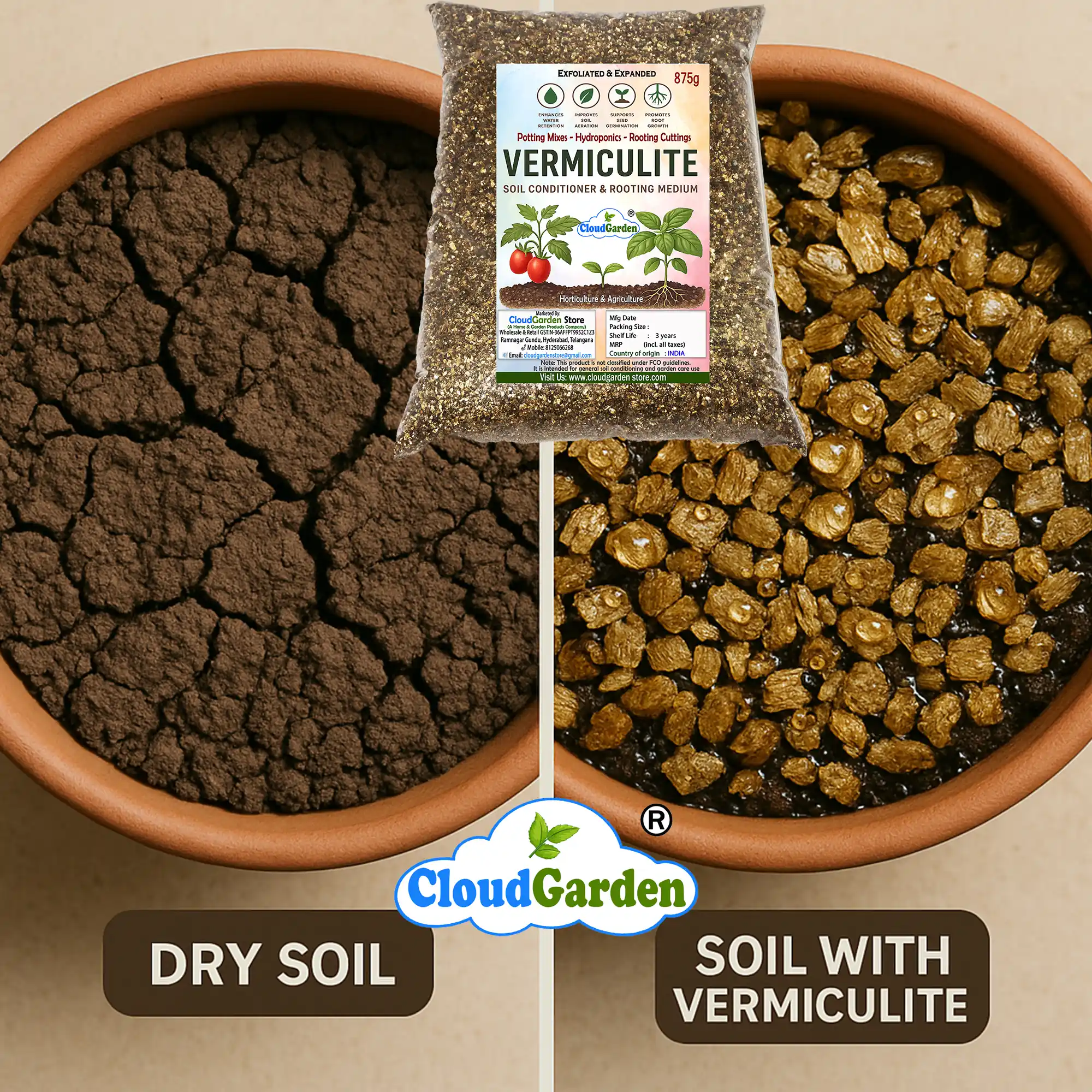 Dry soil compared with soil mixed with vermiculite for potting mix