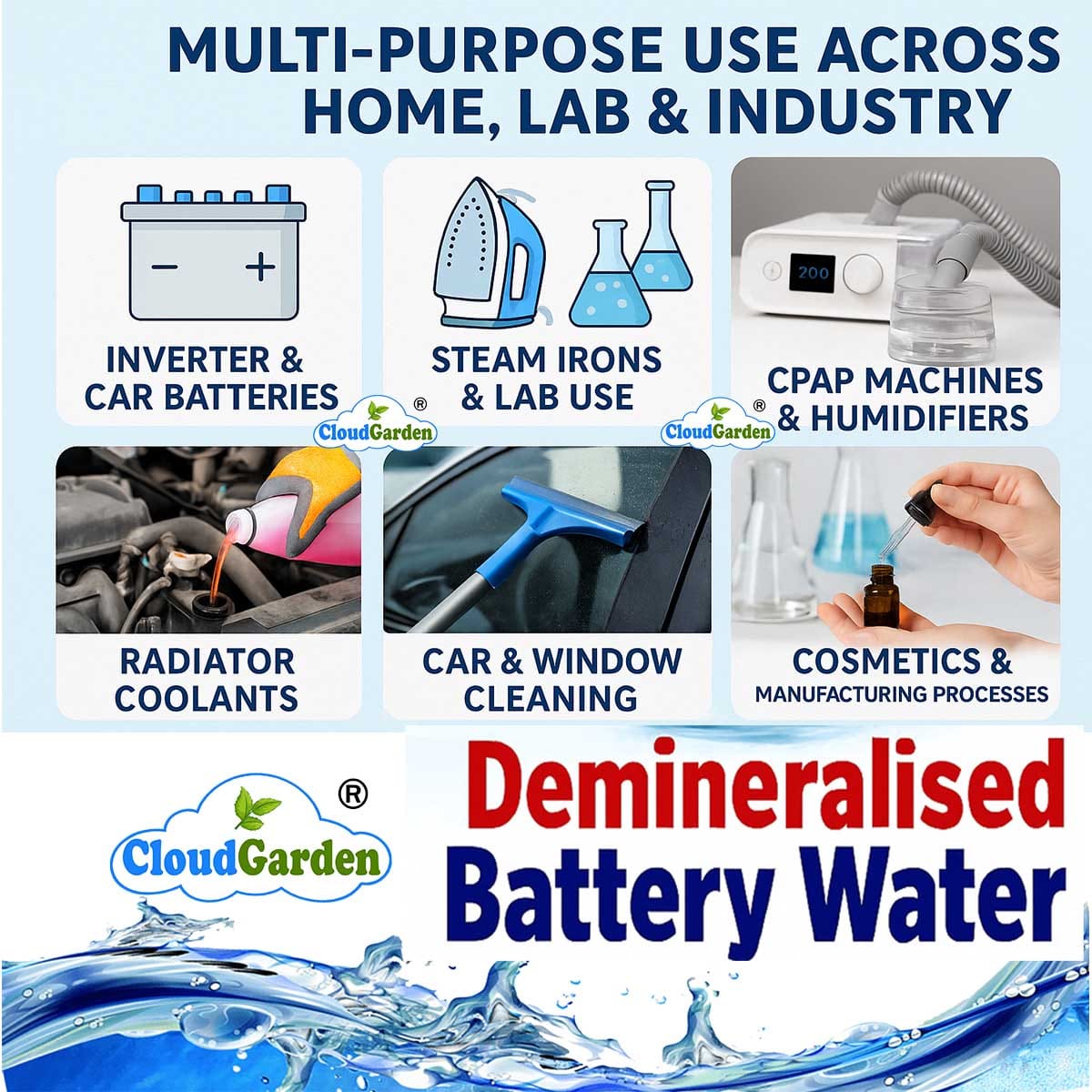 Demineralised water Demineralised battery water for inverter batteries steam irons car cleaning and lab applications
