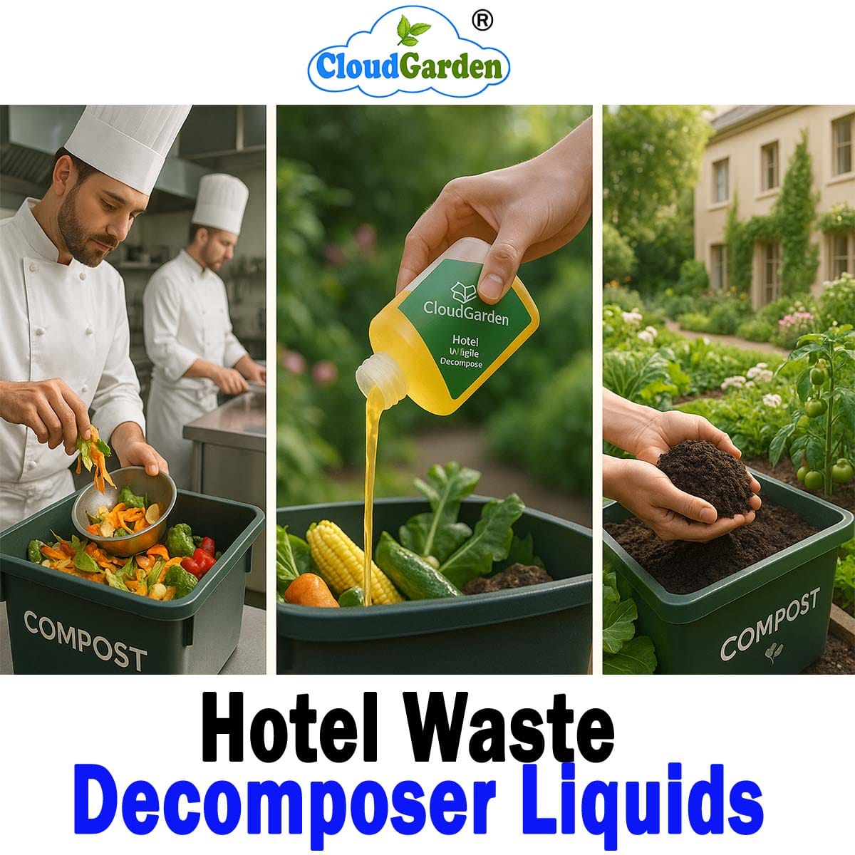 Hotel Waste decomposer Liquid CloudGarden hotel waste decomposer liquid for composting food and organic waste from hotels and commercial kitchens