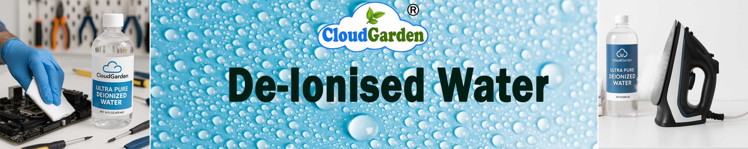 CloudGarden ultra pure de-ionised water for battery top-up, electronics cleaning, steam irons, and laboratory use