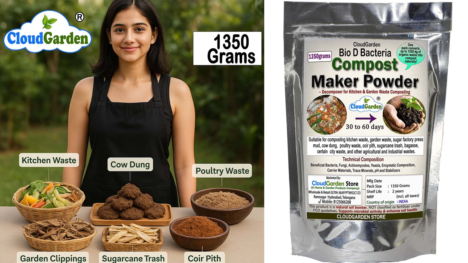 CloudGarden Bio-D Compost Maker Powder 1350g for kitchen waste, cow dung, poultry waste and garden composting
