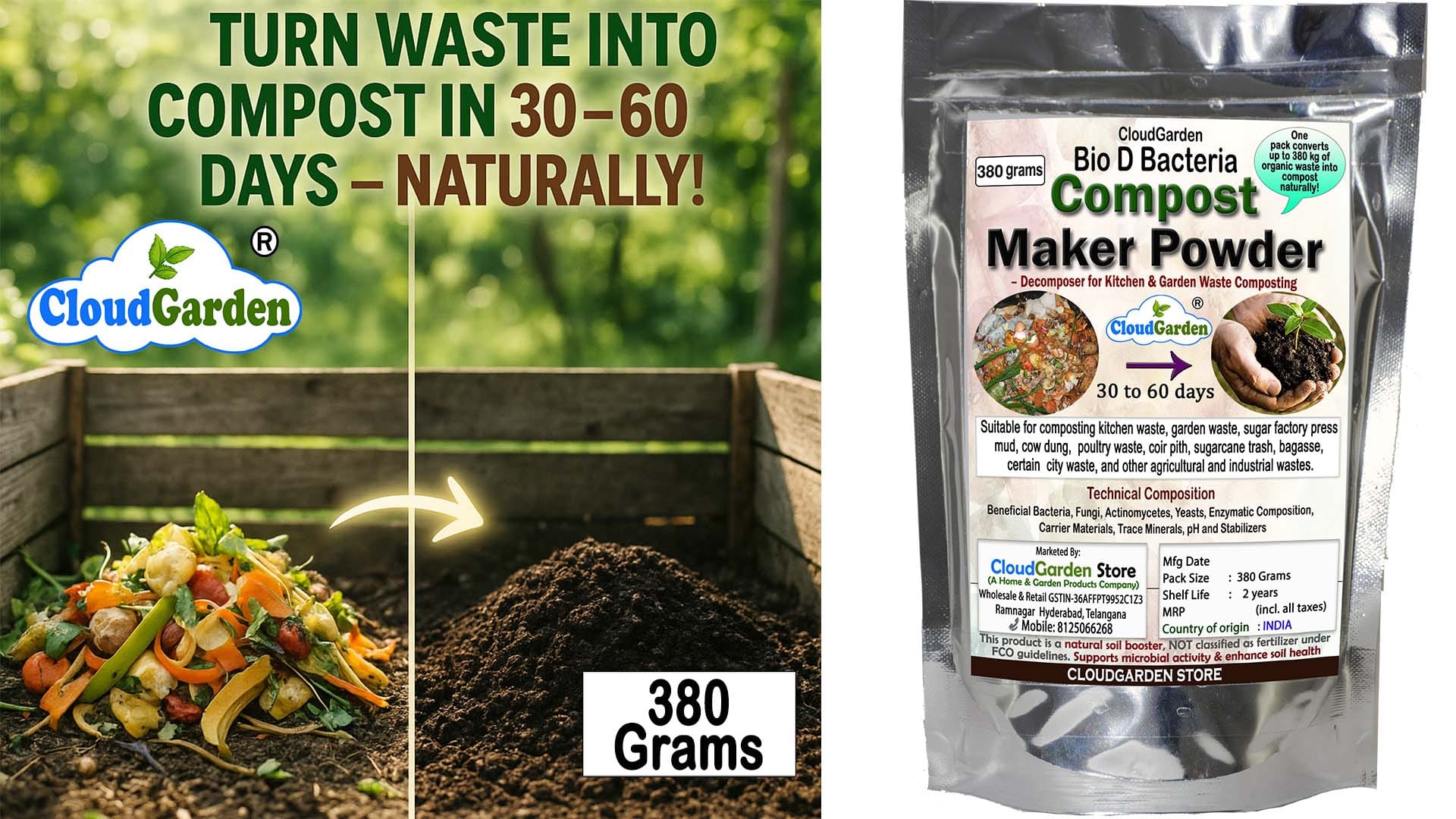 CloudGarden Bio D compost maker powder 380g for kitchen and garden waste composting