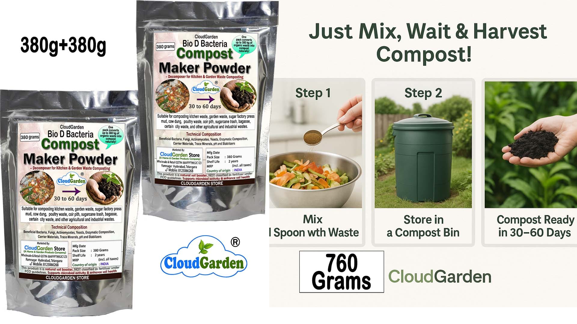 CloudGarden Bio D compost maker powder 760g pack of 2 for organic waste composting