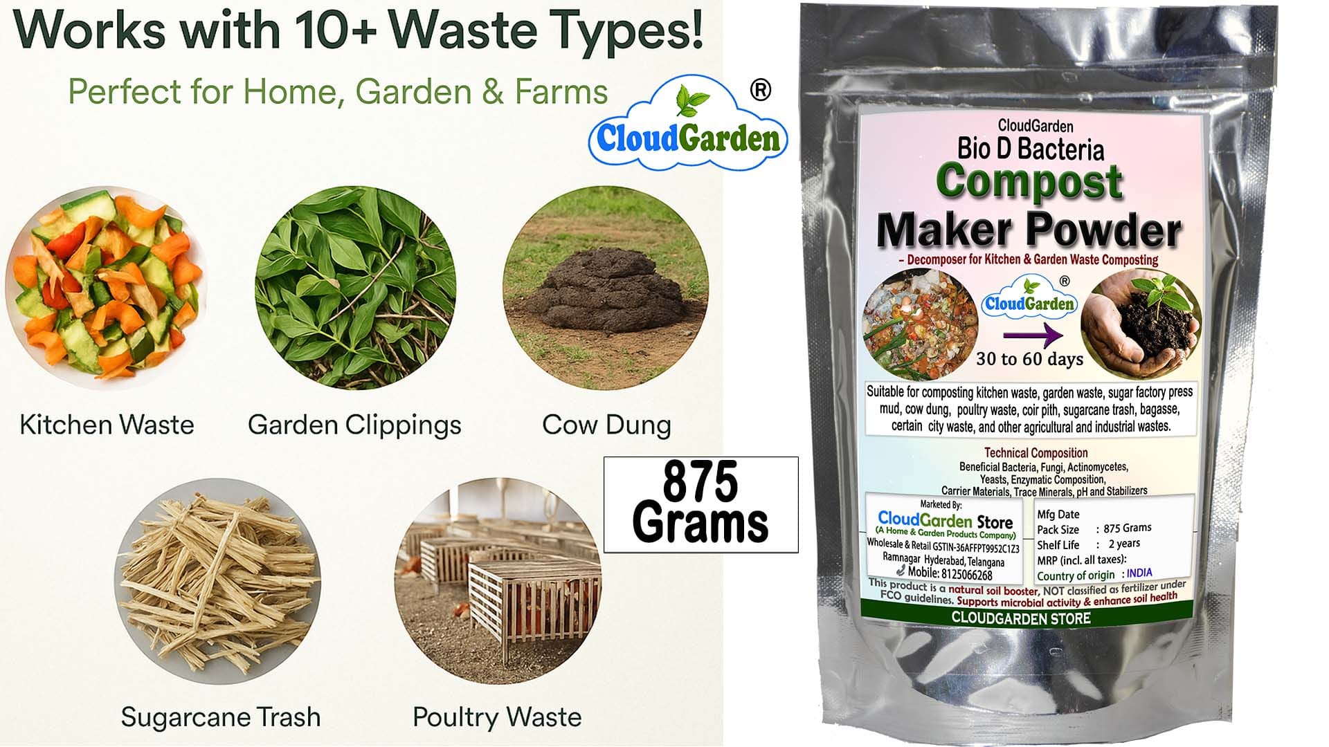 CloudGarden Bio D compost maker powder 875g for composting kitchen and garden waste
