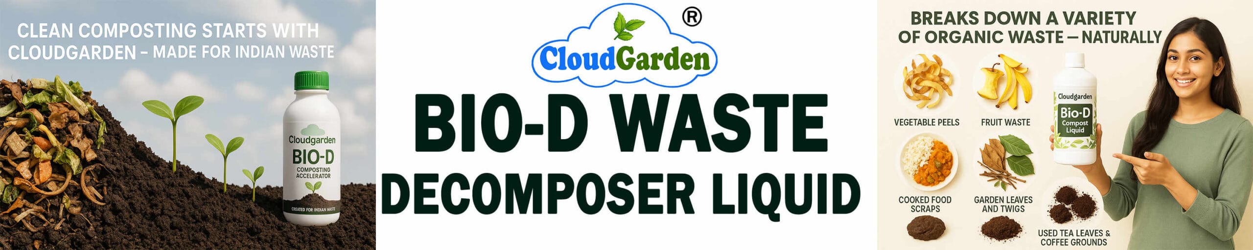 CloudGarden Bio D waste decomposer liquid for organic waste breakdown, odor control support, and home composting use