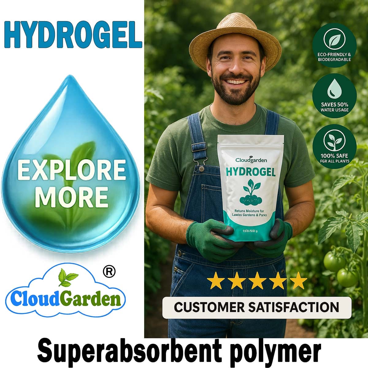 CloudGarden hydrogel for water retention in garden soil and plant pots