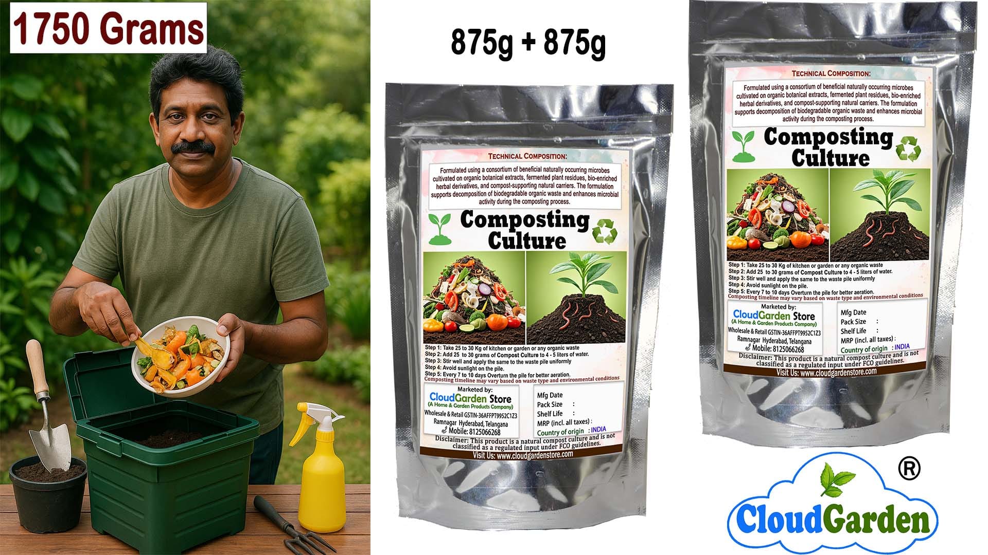 CloudGarden Composting Culture Waste Decomposer Powder 1750g pack of 2 for continuous composting use