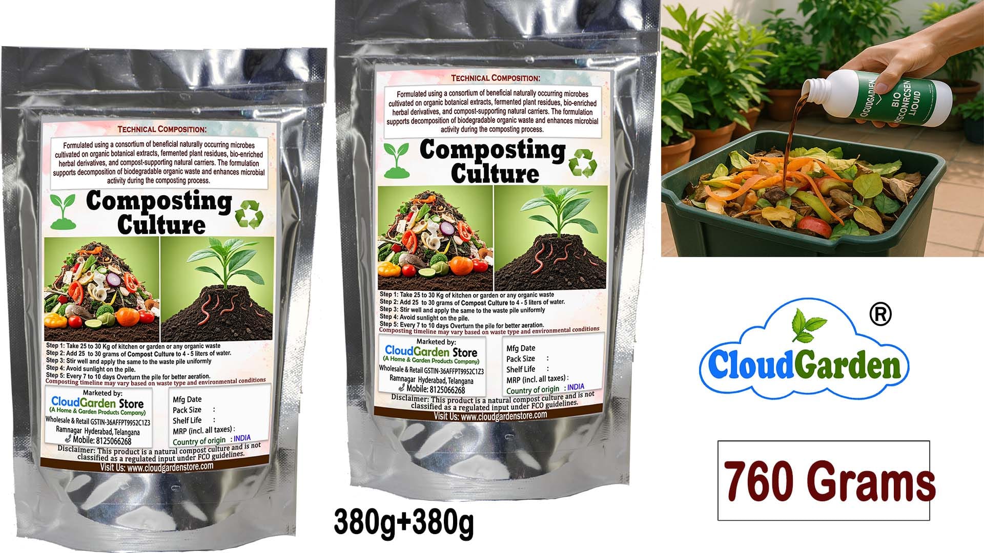 CloudGarden Composting Culture Waste Decomposer Powder 760g pack of 2 for household composting