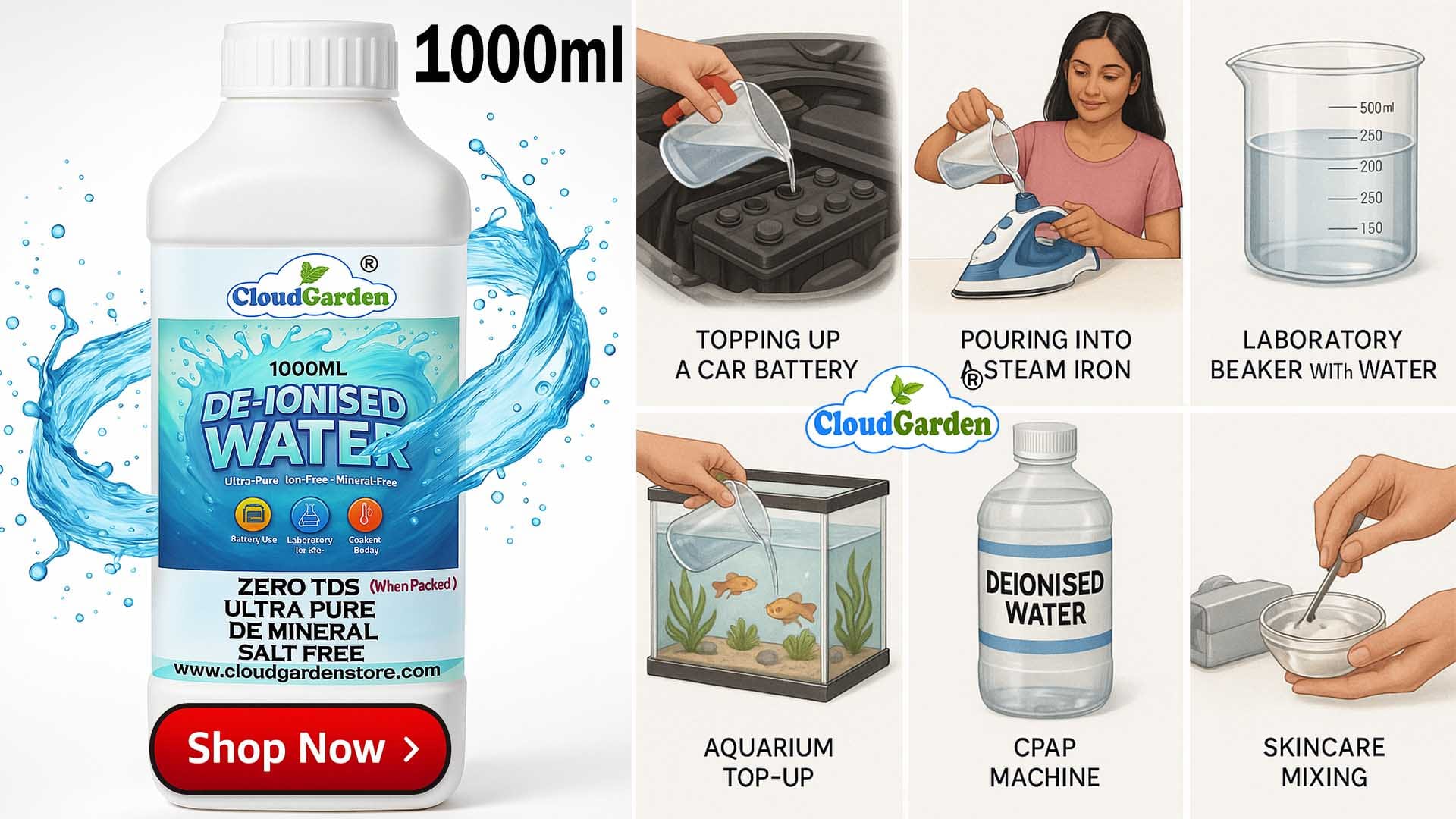 CloudGarden de-ionised water 1 litre bottle for battery, laboratory and cleaning use