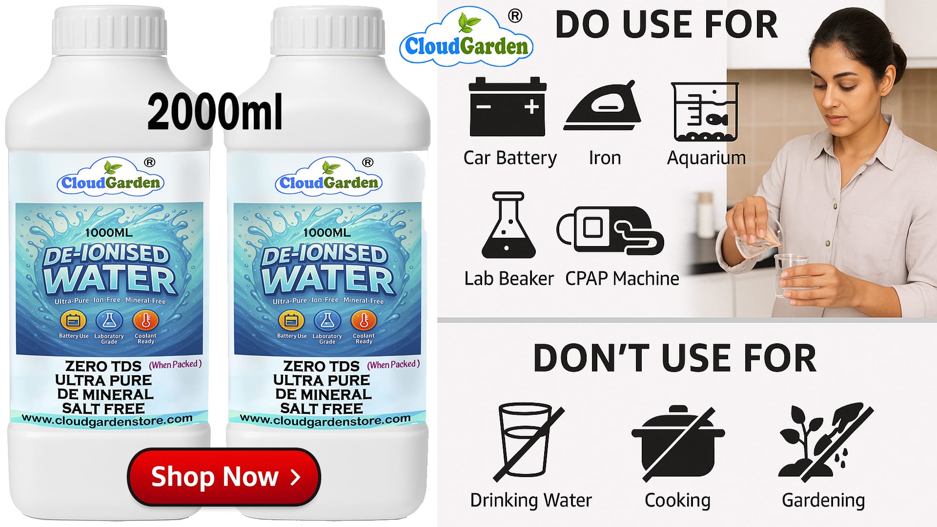 CloudGarden de-ionised water 2 litre pack for industrial, lab and automotive applications
