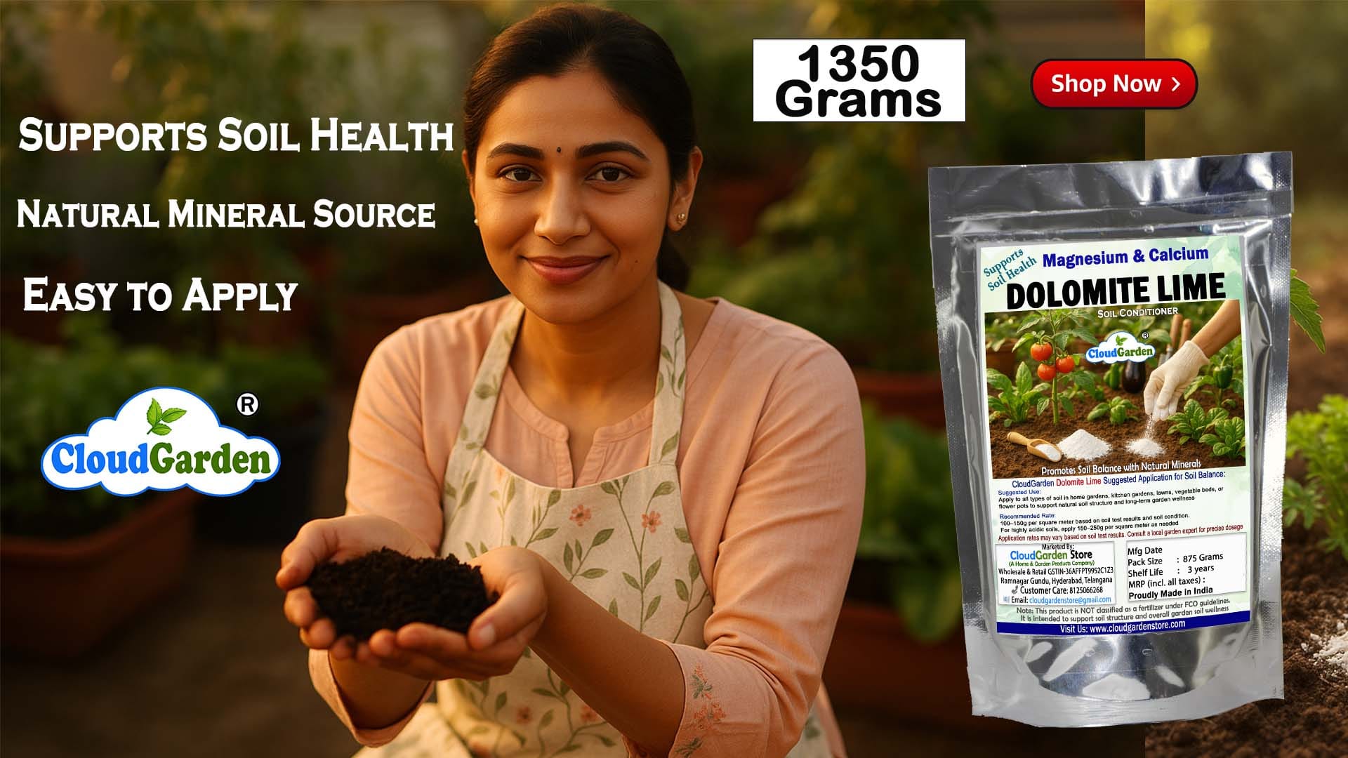 CloudGarden Dolomite Lime Powder 1350g for home and terrace garden soil care