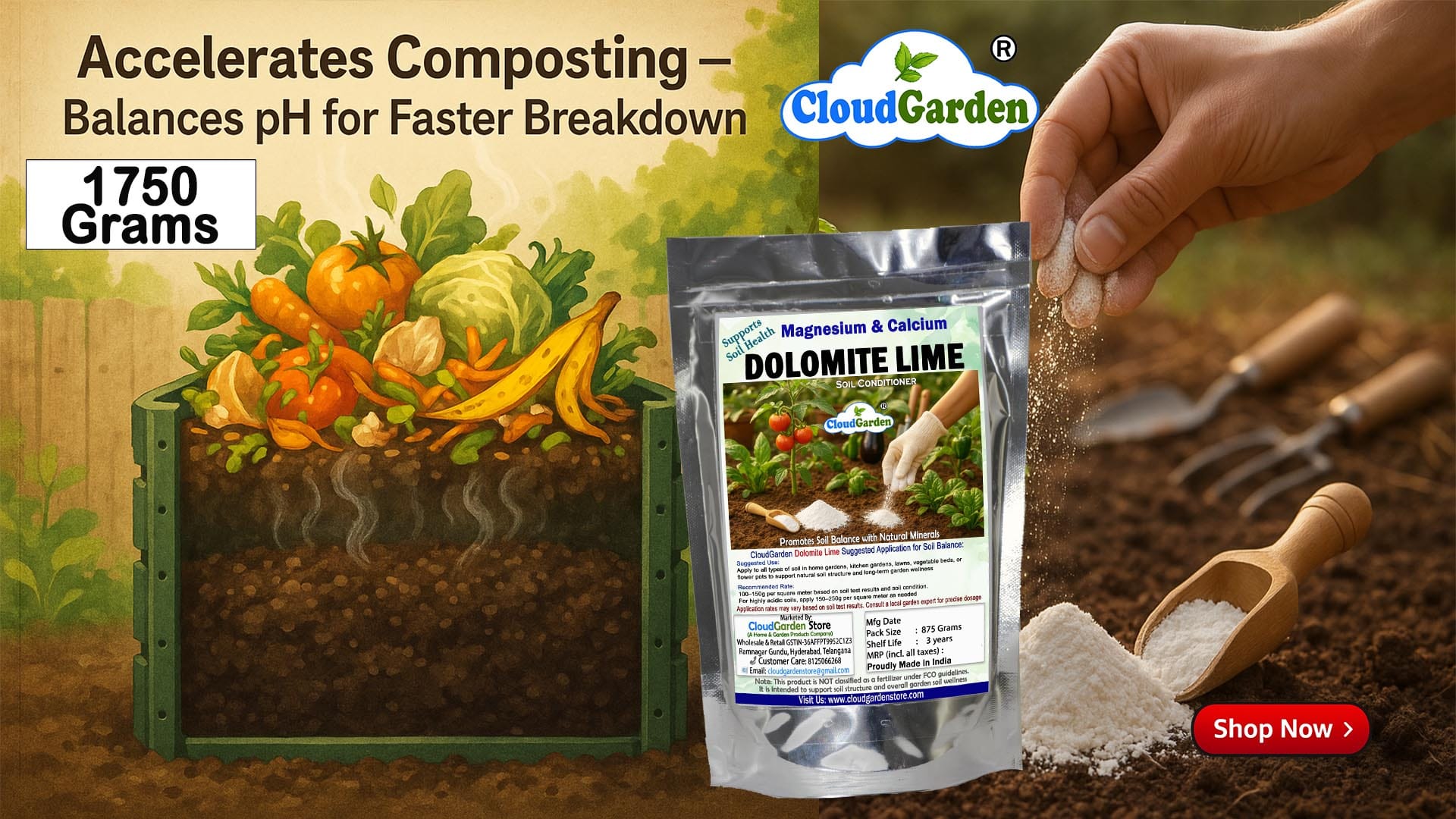 CloudGarden Dolomite Lime Powder 1750g pack for extended garden soil use
