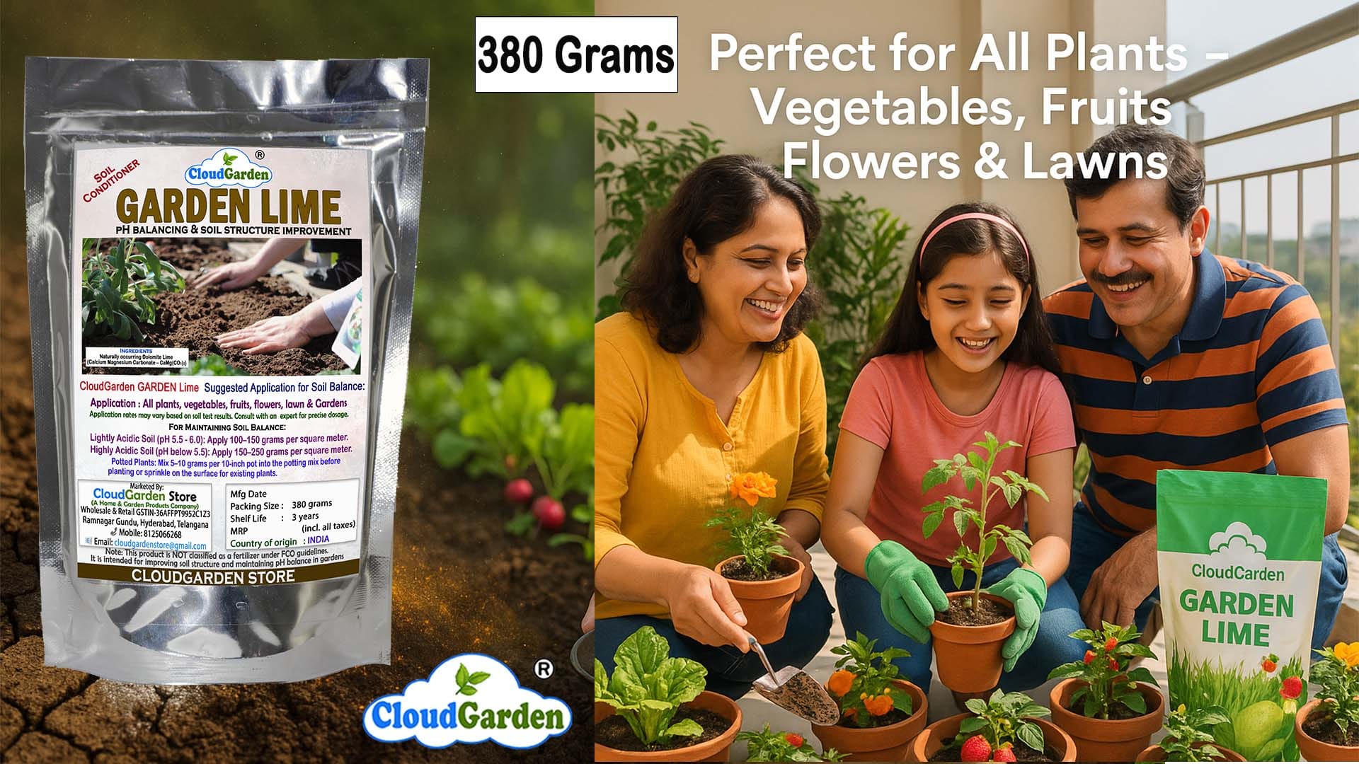 CloudGarden Dolomite Lime Powder 380g for home garden soil conditioning and pH balance support