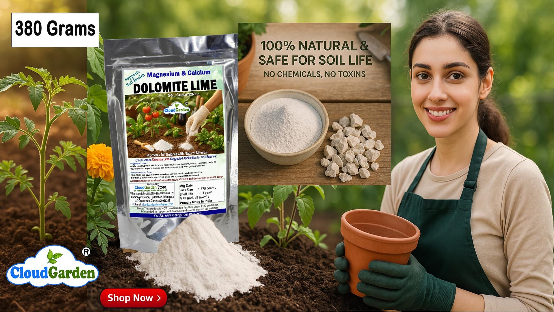 CloudGarden Dolomite Lime Powder 380g for home garden soil conditioning