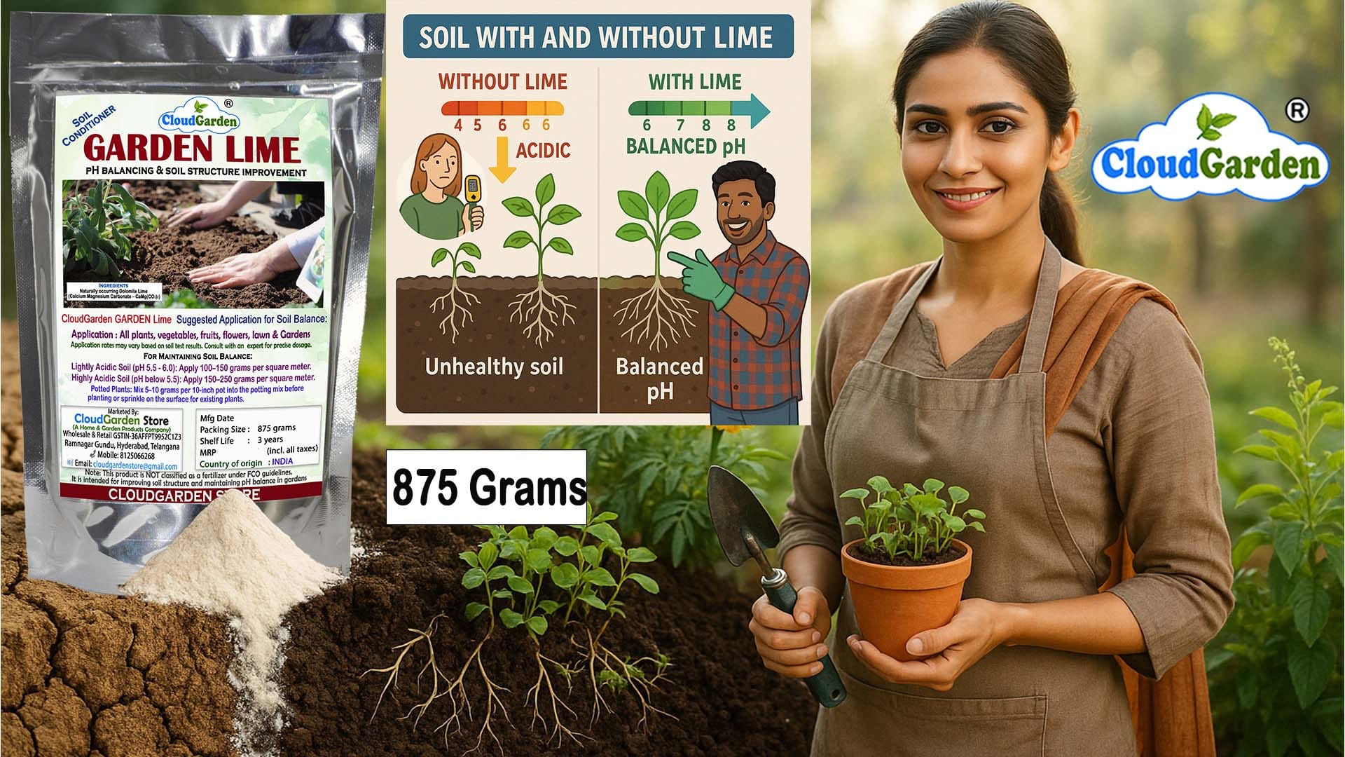CloudGarden Dolomite Lime Powder 875g for home garden soil conditioning