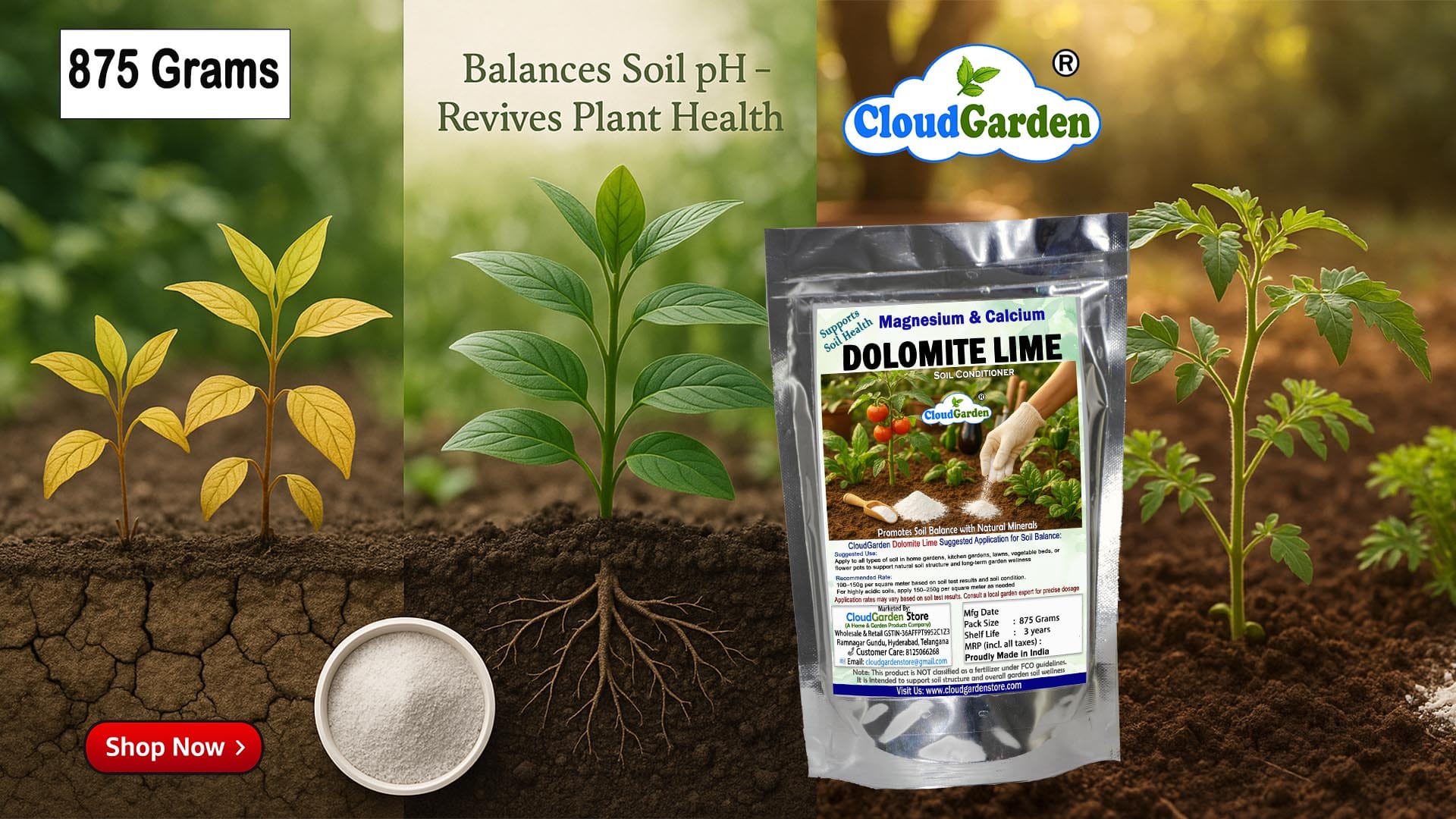 CloudGarden Dolomite Lime Powder 1750g pack for extended garden soil use