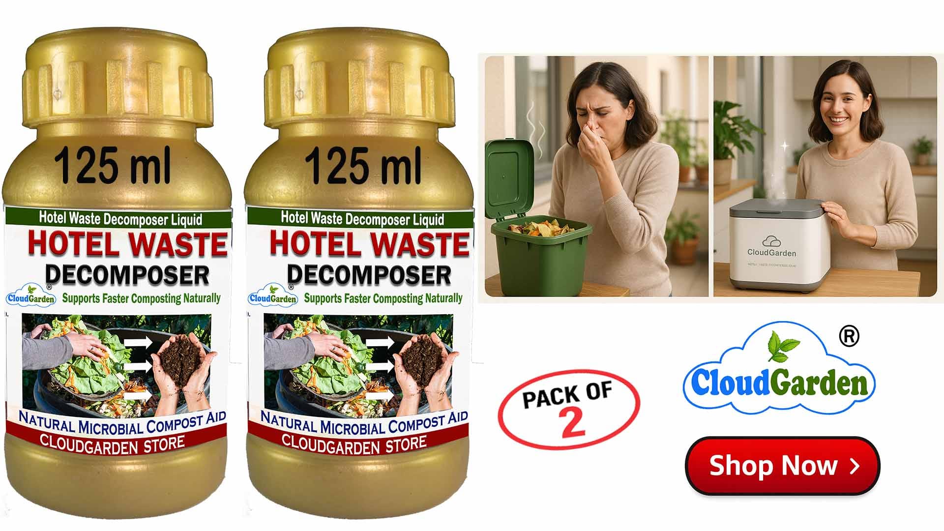 CloudGarden Hotel Waste Decomposer Liquid 125ml pack of two bottles for hotel kitchen waste