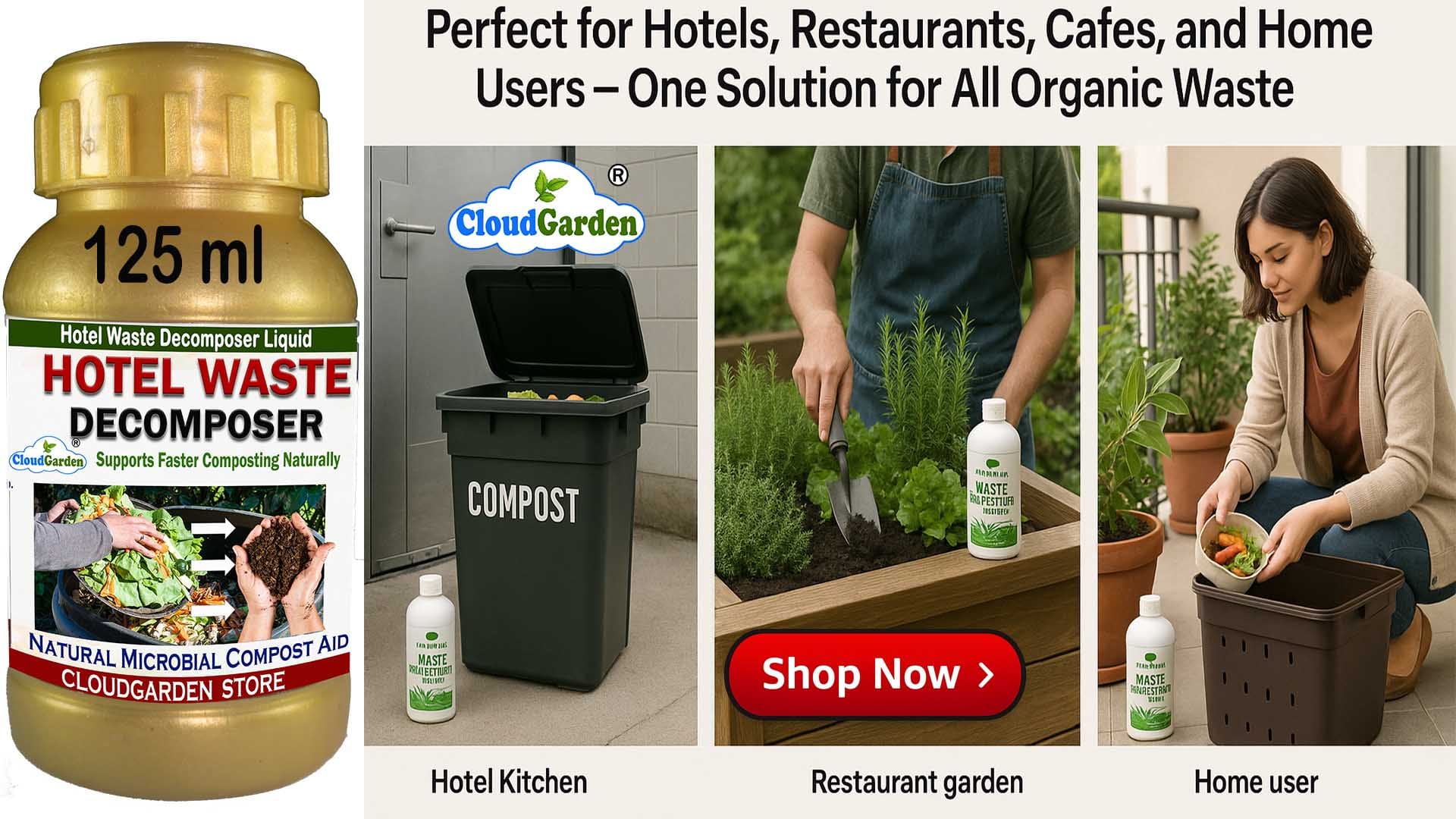 CloudGarden Hotel Waste Decomposer Liquid 125ml bottle for commercial kitchen waste composting
