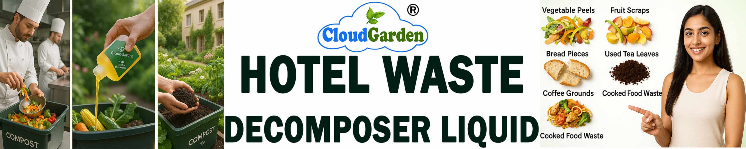 CloudGarden hotel waste decomposer liquid for organic waste breakdown support, odor control, and commercial kitchen waste management use