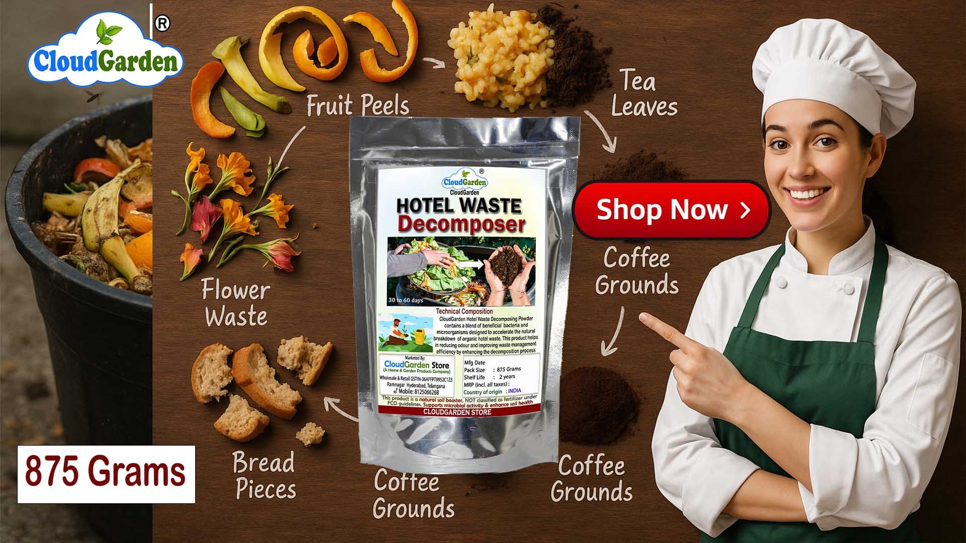 CloudGarden hotel waste decomposer powder 875g for organic waste processing