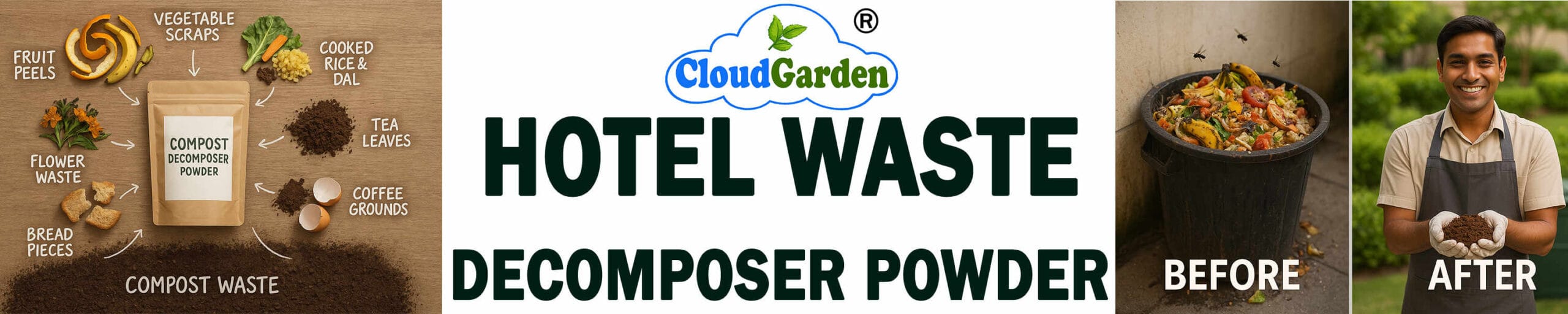 CloudGarden hotel waste decomposer powder for organic waste breakdown support, odor control, and commercial kitchen waste handling use