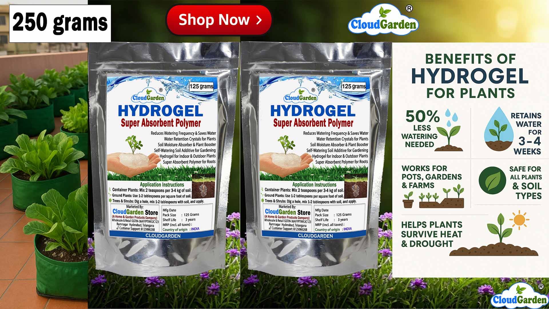 CloudGarden Hydrogel 250g soil moisture absorber crystals for garden plants reduces frequent watering