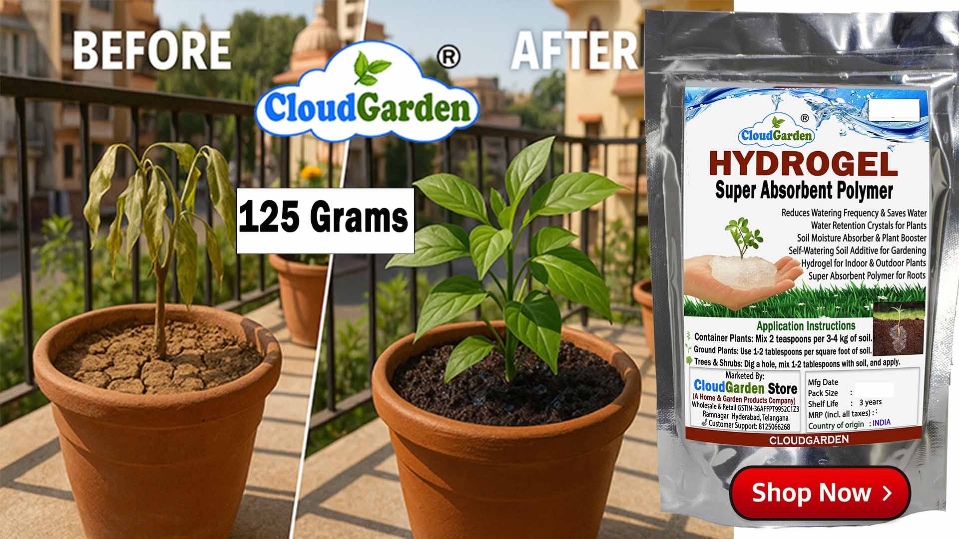 CloudGarden Hydrogel 125g water retention crystals for plants soil moisture absorber for indoor and outdoor gardening