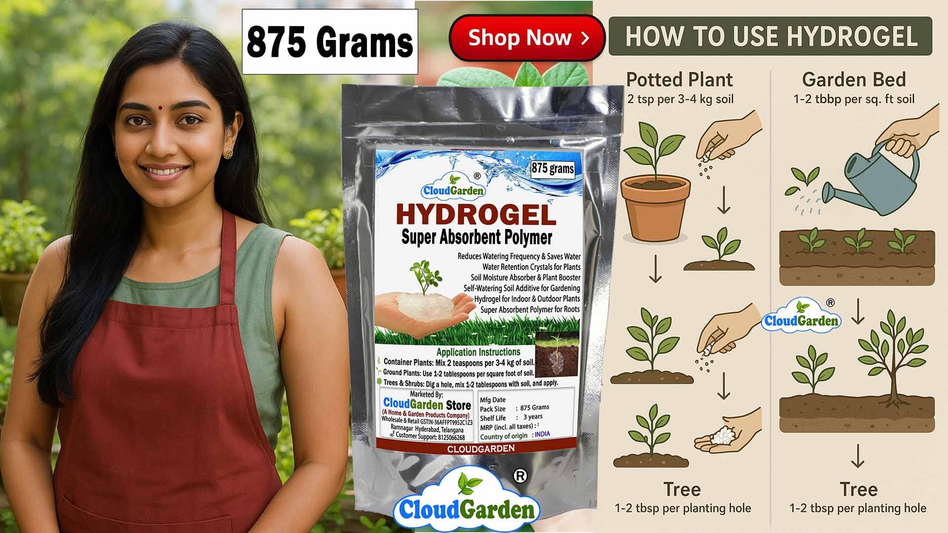 CloudGarden Hydrogel 875g water saving soil additive crystals for plants and gardening use