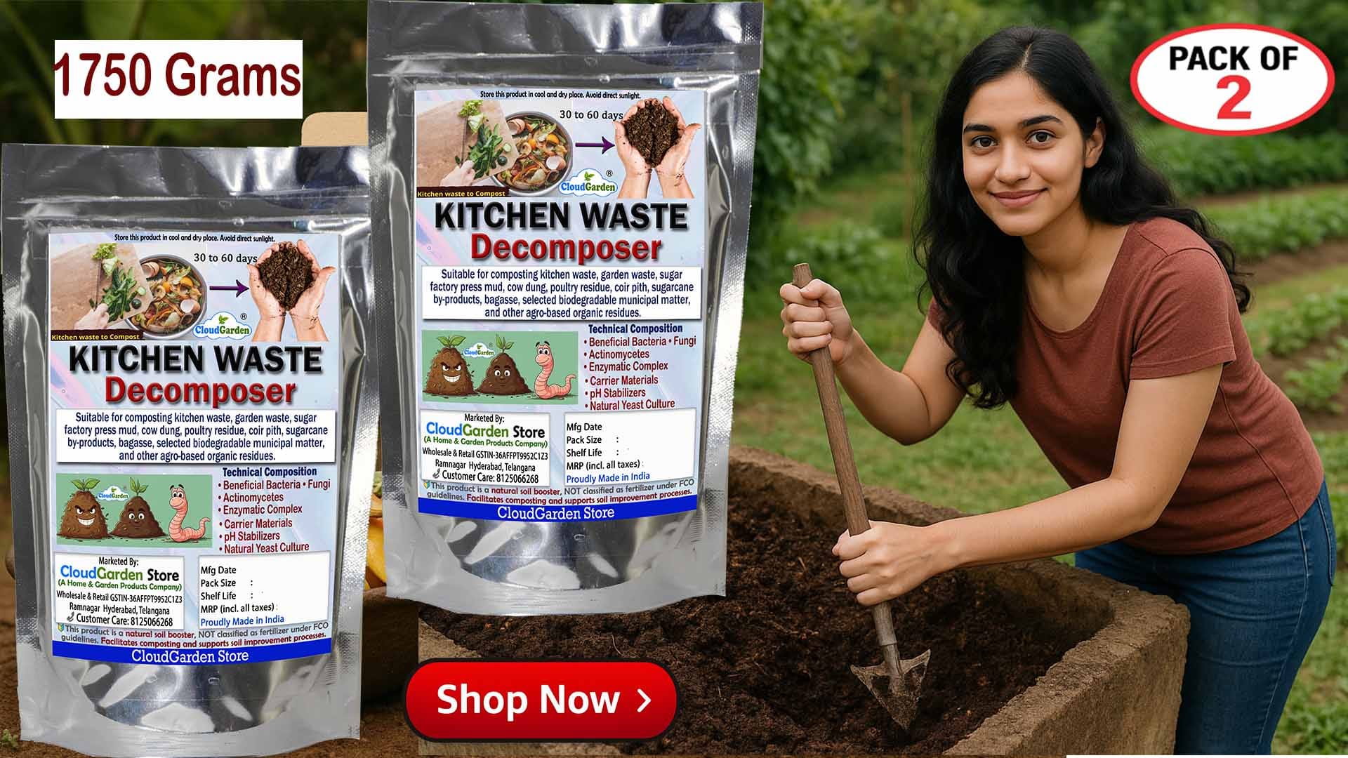 CloudGarden kitchen waste decomposer 1750g bulk pack for composting organic waste