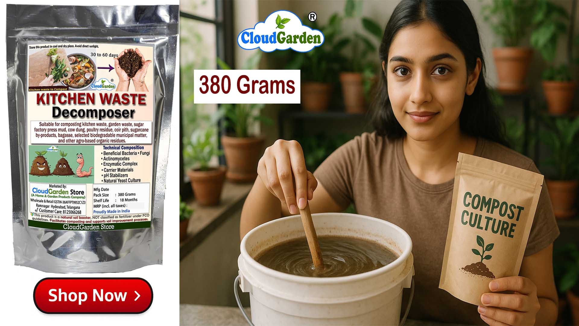 CloudGarden kitchen waste decomposer 380g for home composting of food and garden waste