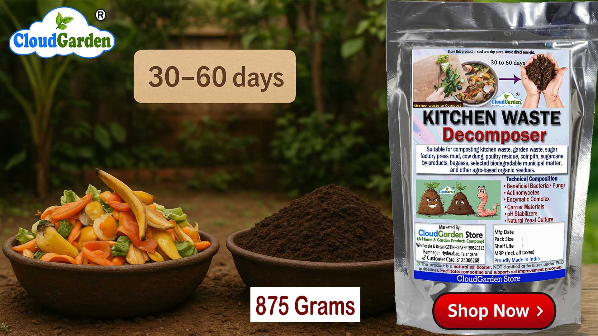 CloudGarden kitchen waste decomposer 875g for converting kitchen waste into compost