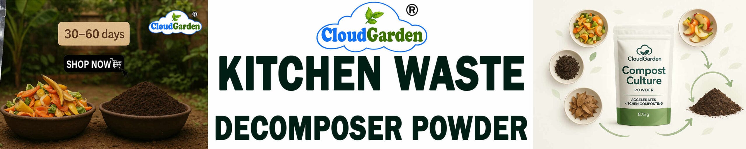 CloudGarden kitchen waste decomposer powder for organic waste breakdown support, odor control, and home kitchen composting use