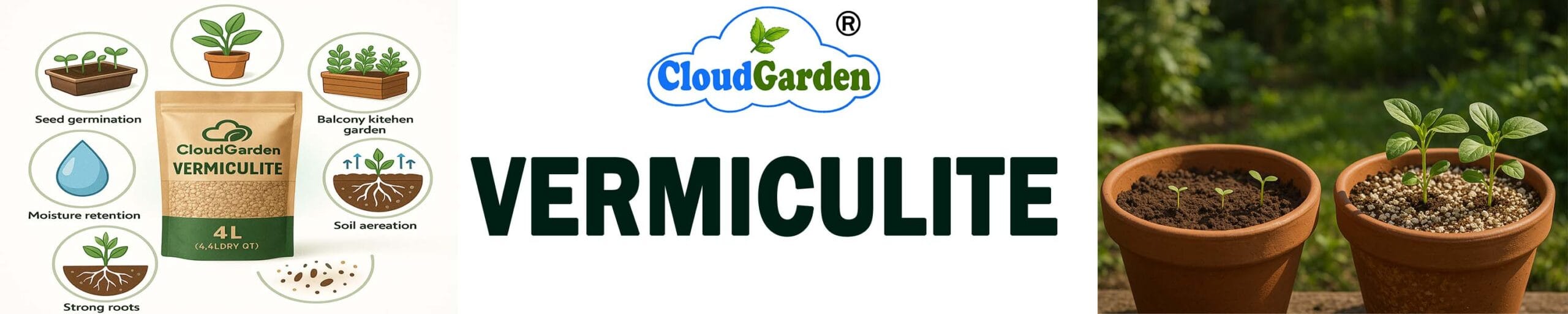 CloudGarden vermiculite for soil conditioning, moisture holding support, and home gardening use in pots and grow bags