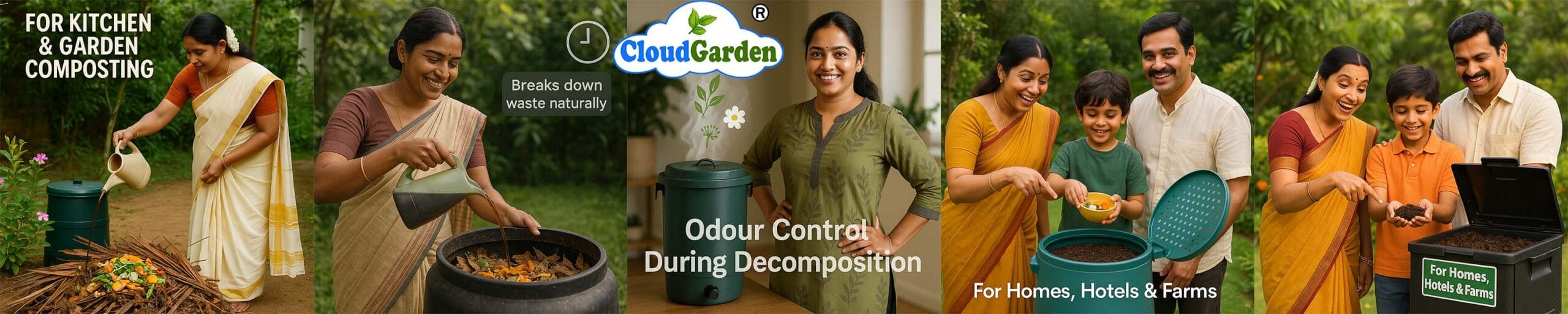 How to use CloudGarden waste decomposer liquid showing dosage, mixing with water, and application on kitchen and organic waste
