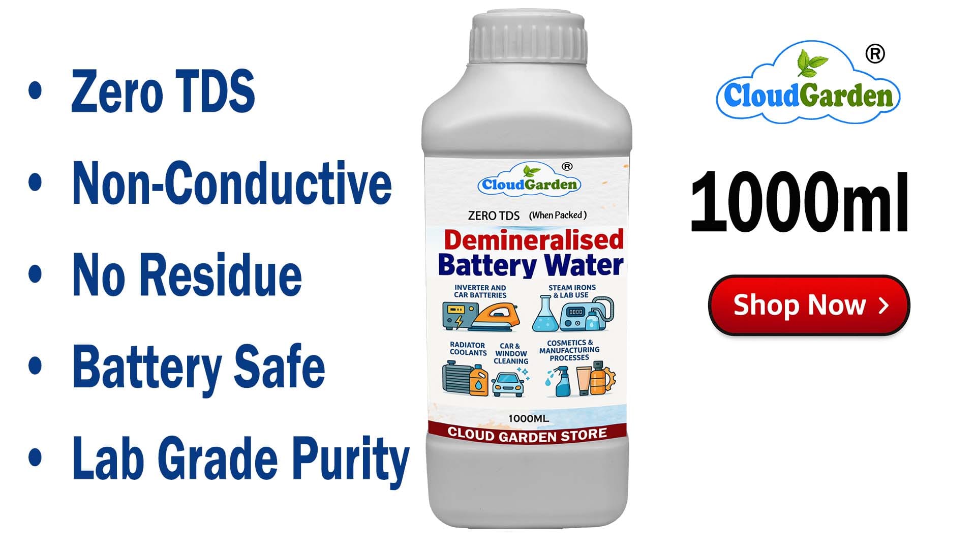 Demineralised water 1 litre bottle for laboratory industrial and cleaning applications