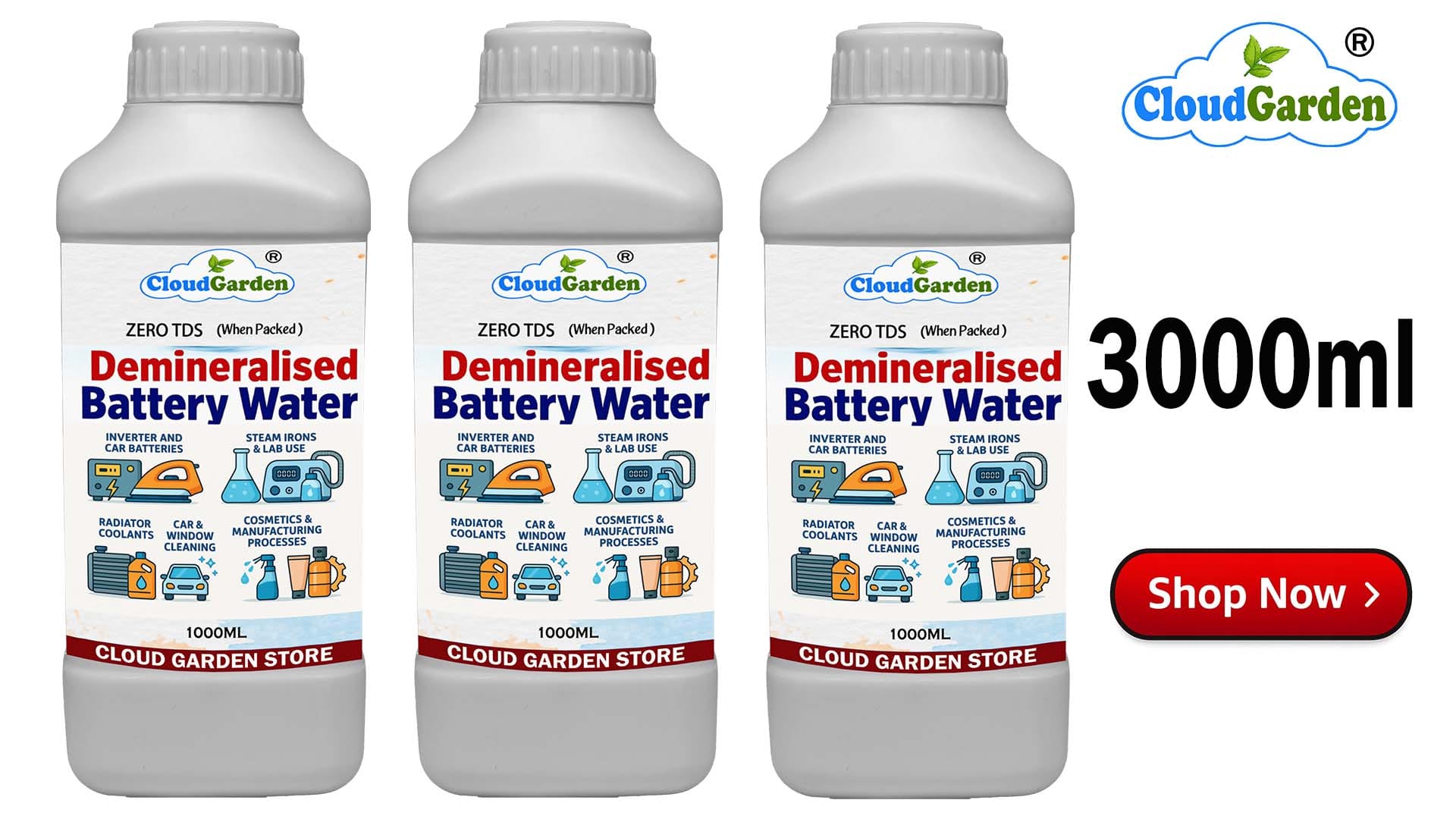 Demineralised water 3 litre mineral free water for technical and cleaning purposes